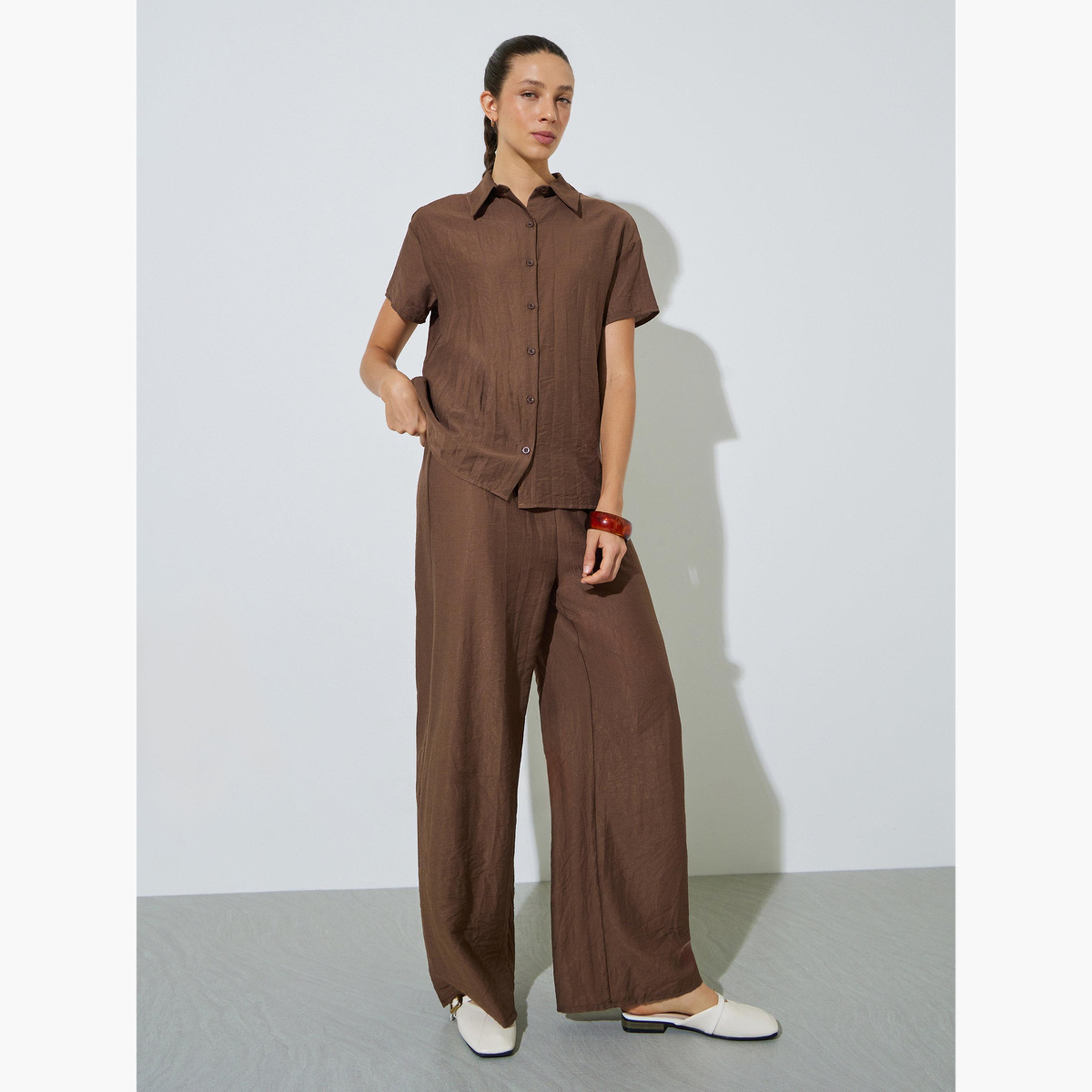 Styli Solid Oversized Short Sleeves Shirt and Wide Leg Pants Co-Ords-women-clothing-coordsets-image-1