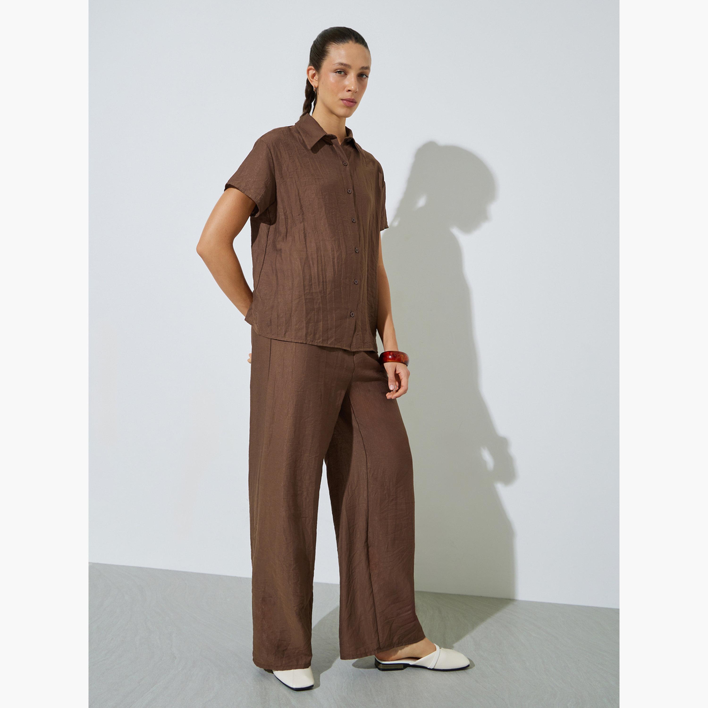 Styli Solid Oversized Short Sleeves Shirt and Wide Leg Pants Co-Ords-women-clothing-coordsets-image-3