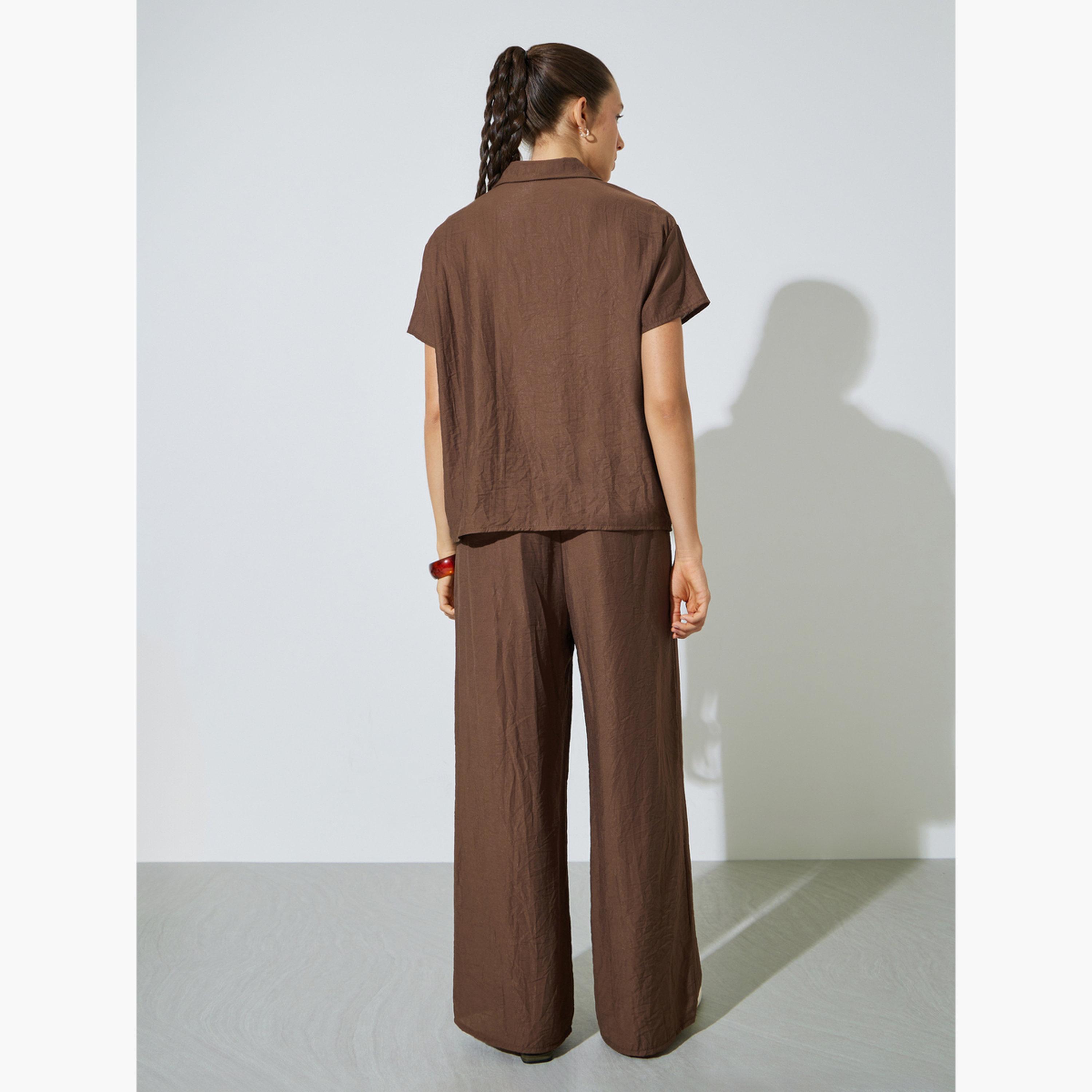 Styli Solid Oversized Short Sleeves Shirt and Wide Leg Pants Co-Ords-women-clothing-coordsets-image-5