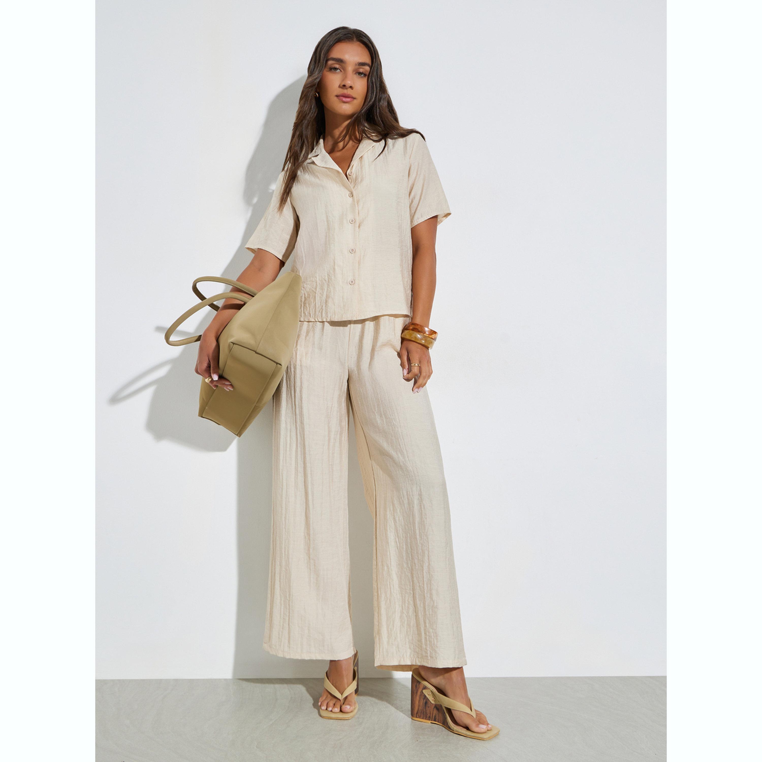 طقم منسق من بنطال بأرجل واسعة وقميص بنمط كتان-women-clothing-coordsets-image-1