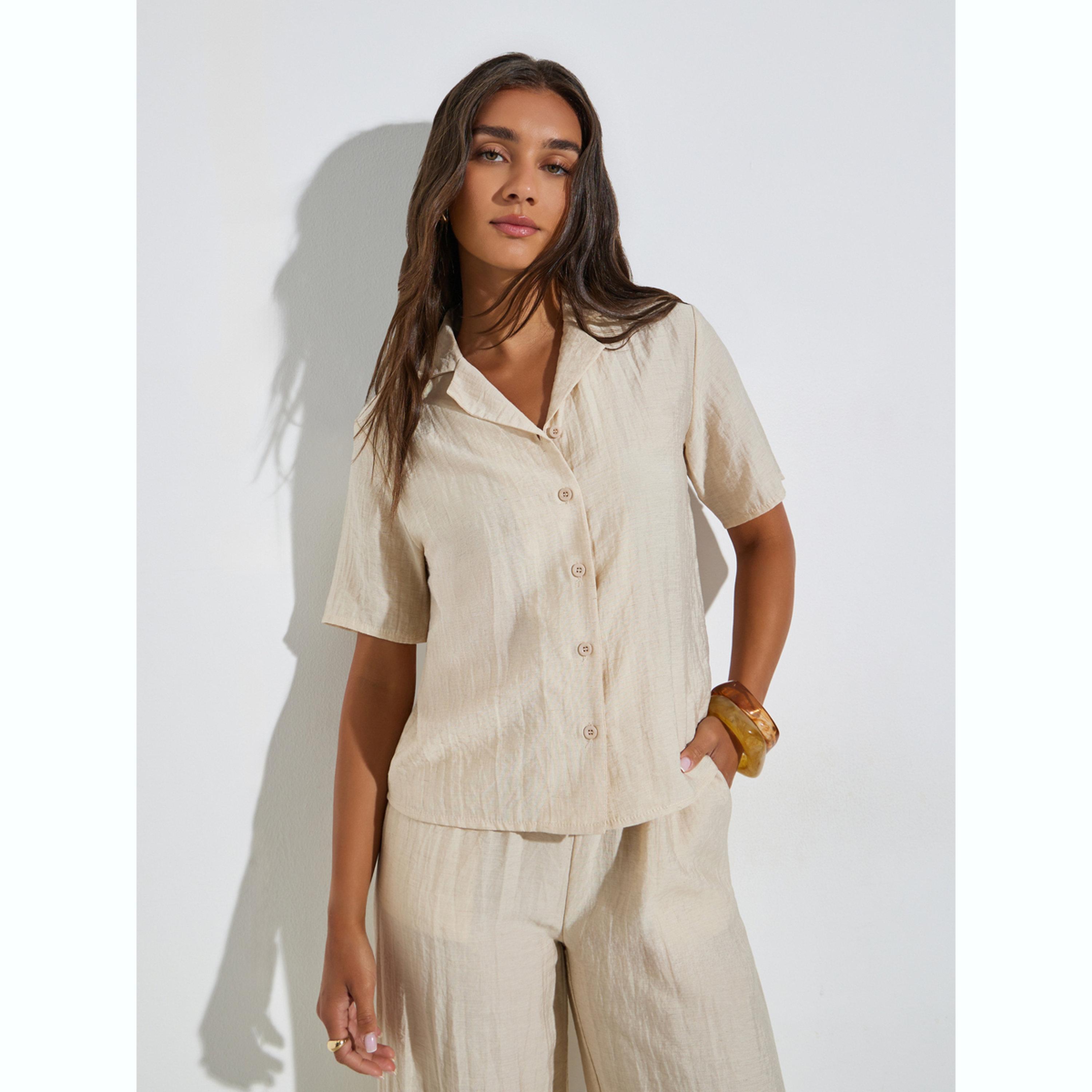 طقم منسق من بنطال بأرجل واسعة وقميص بنمط كتان-women-clothing-coordsets-image-2