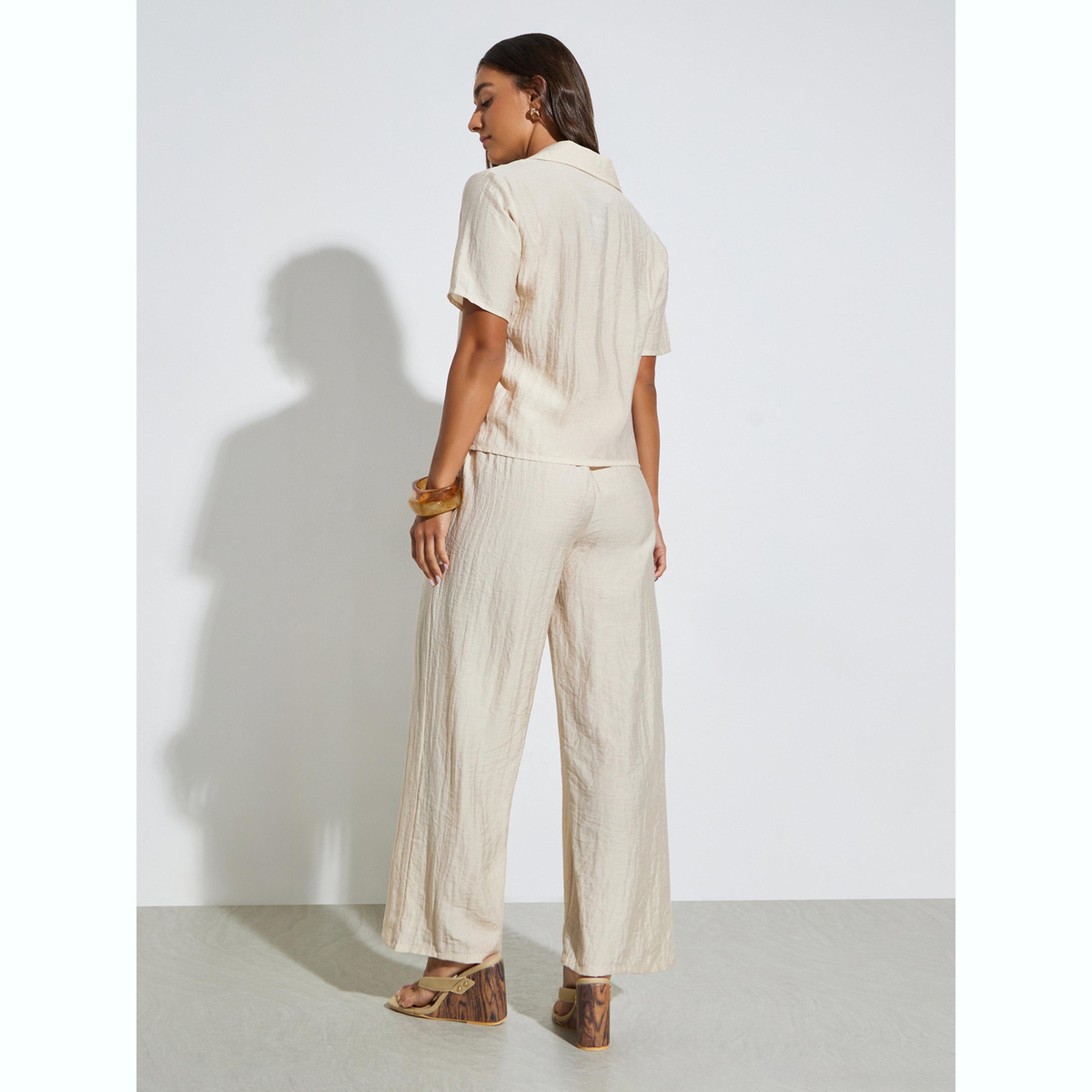 طقم منسق من بنطال بأرجل واسعة وقميص بنمط كتان-women-clothing-coordsets-image-3