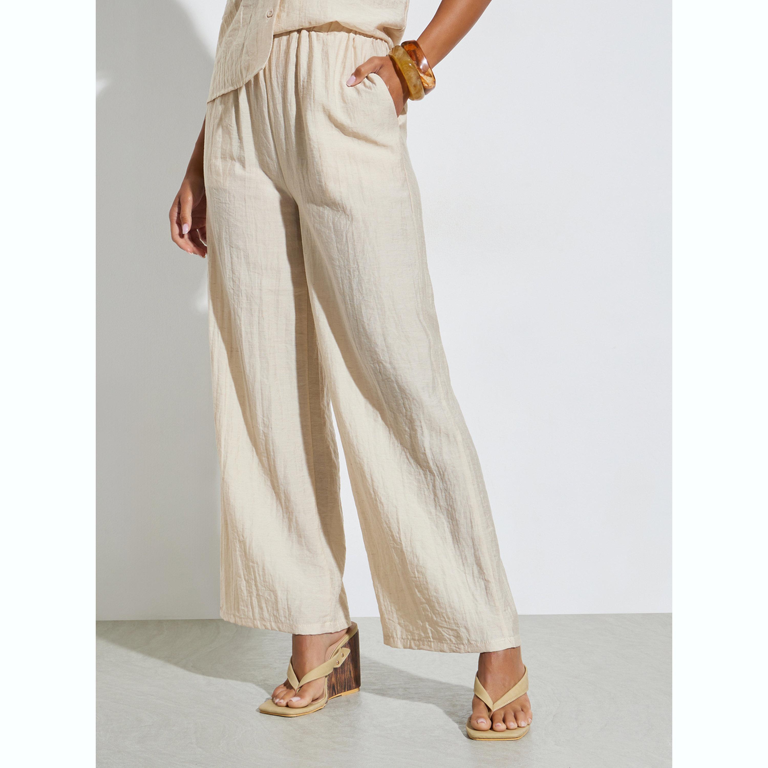 طقم منسق من بنطال بأرجل واسعة وقميص بنمط كتان-women-clothing-coordsets-image-4