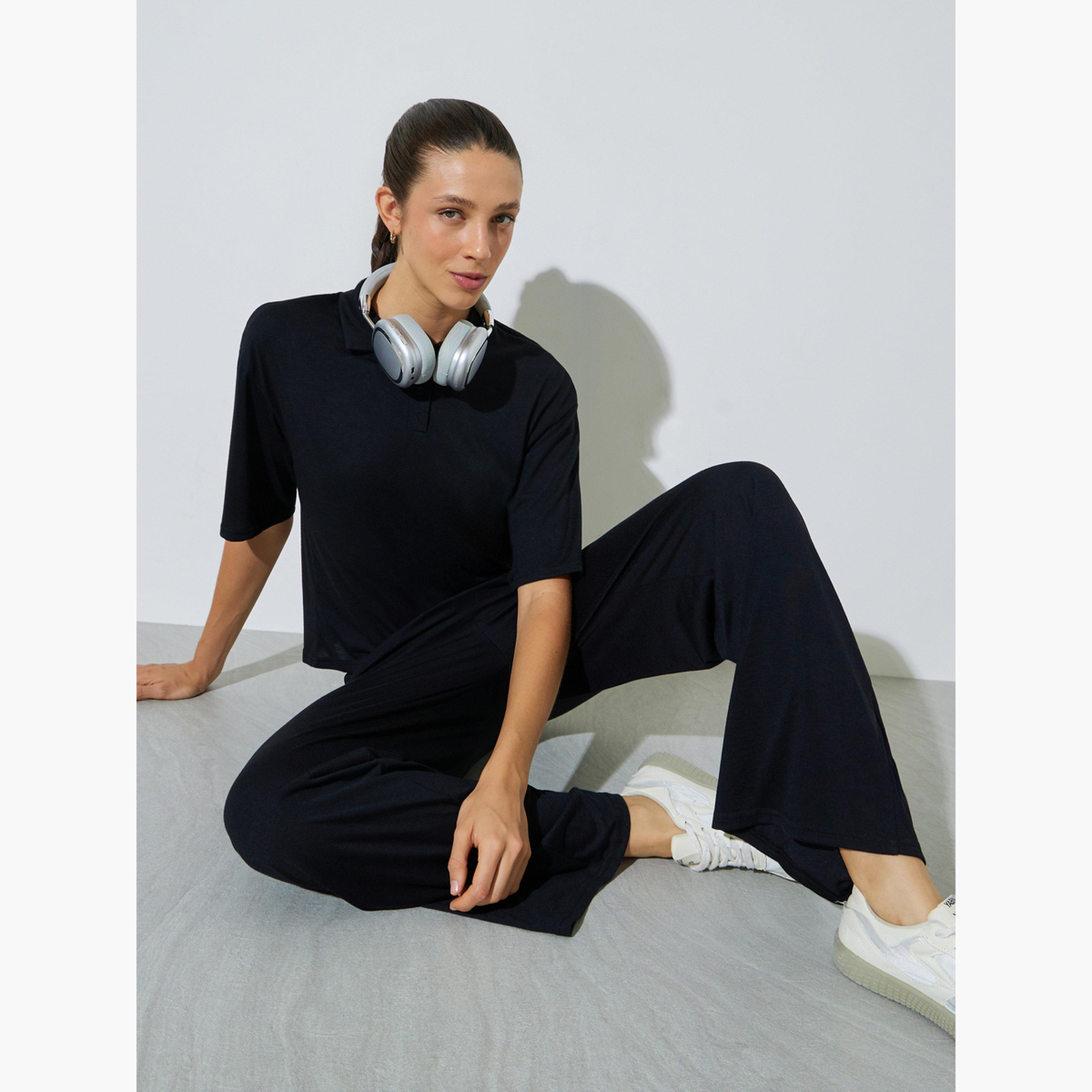 طقم منسق من جوغر بأرجل واسعة وبلوزة واسعة سادة-women-clothing-coordsets-image-2