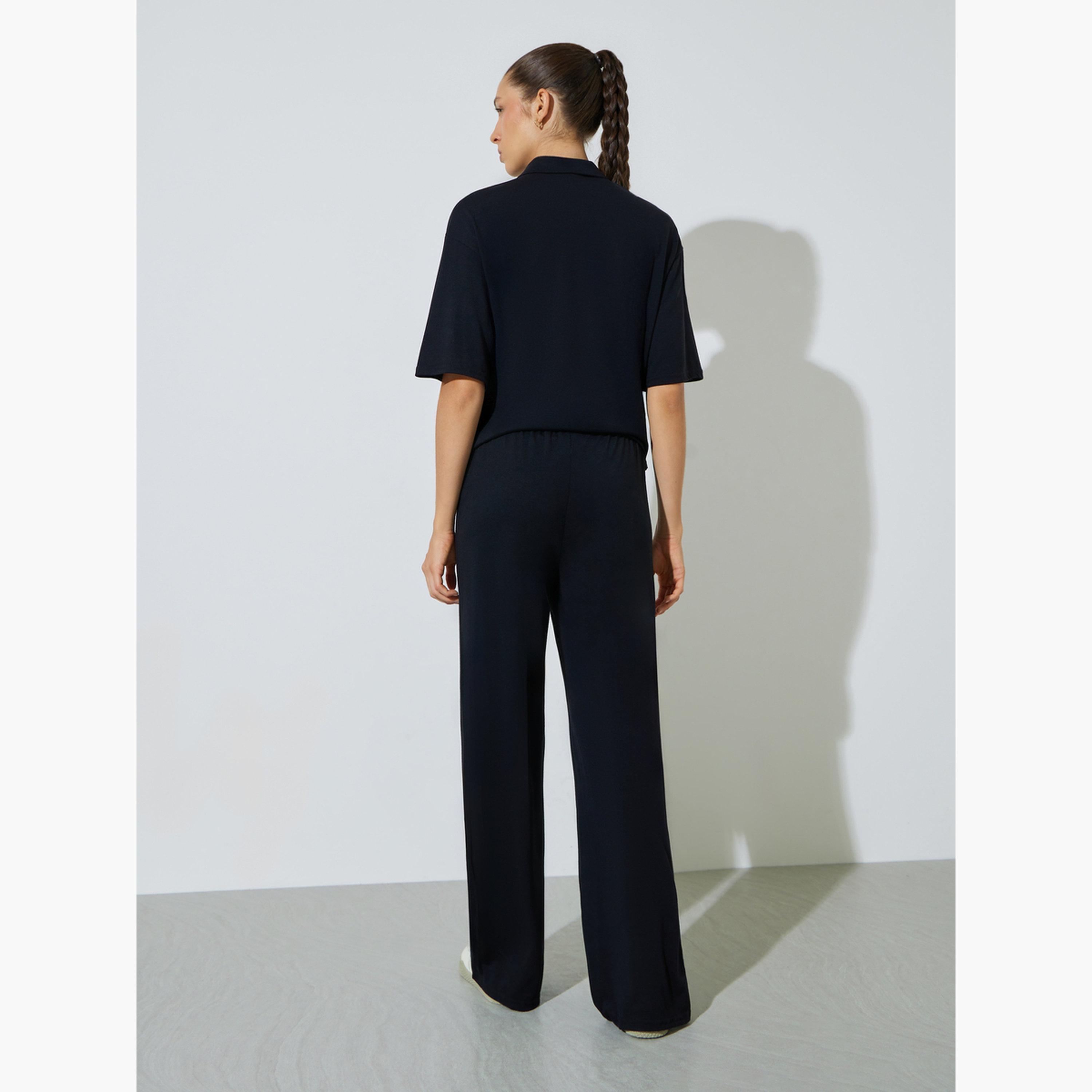 طقم منسق من جوغر بأرجل واسعة وبلوزة واسعة سادة-women-clothing-coordsets-image-4