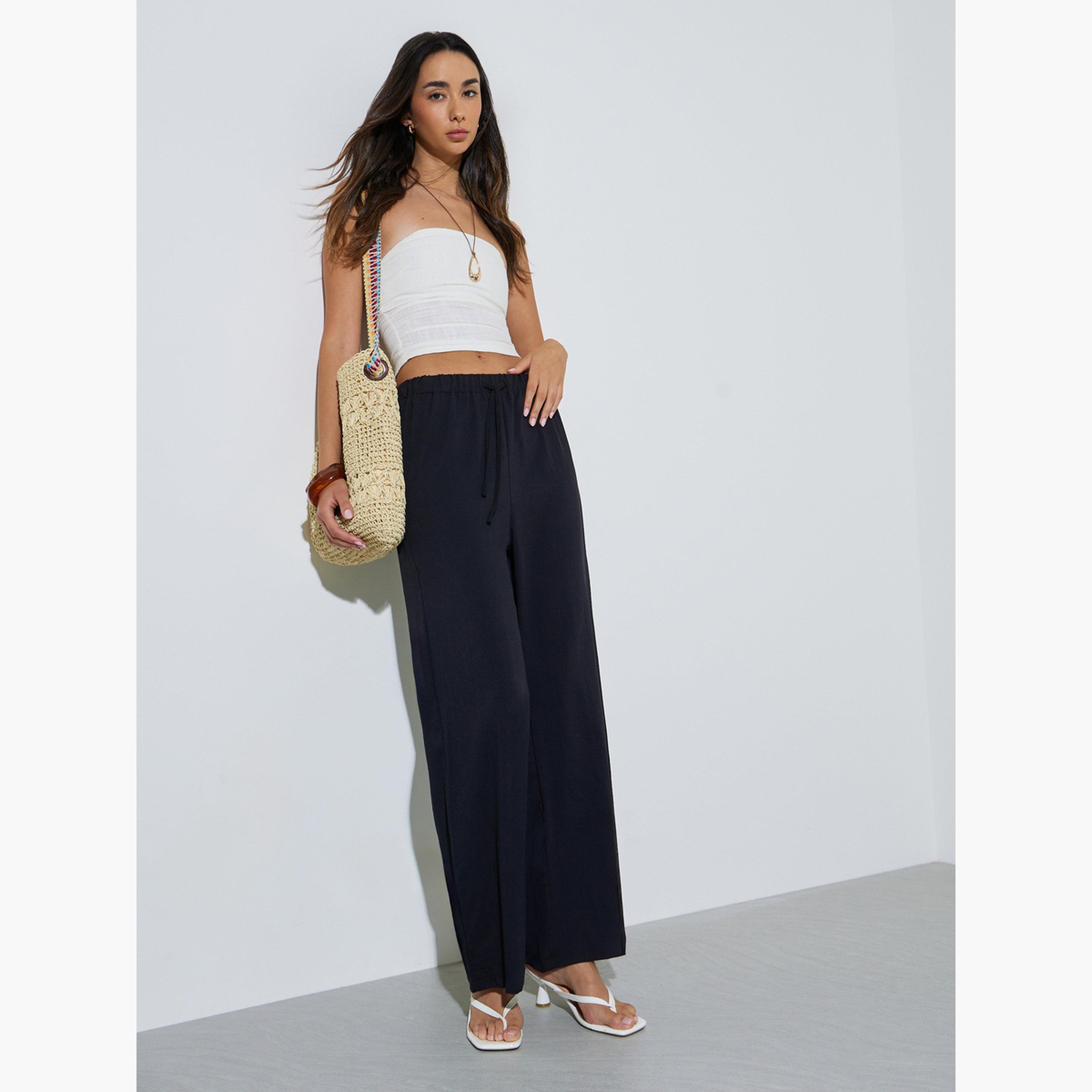 Styli Black Solid Elastic Waist Wide Leg Pants-women-clothing-trousers-image-2