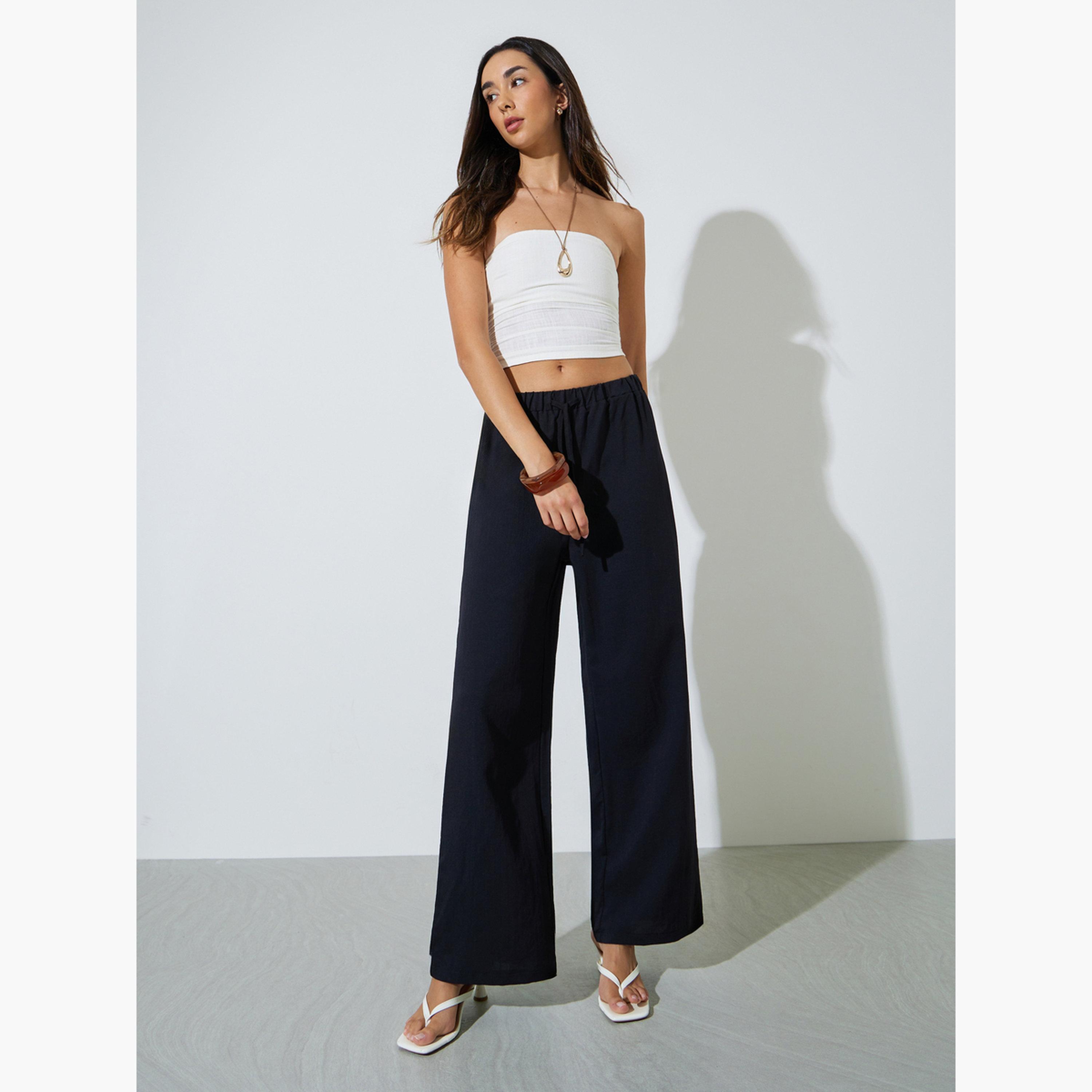 Styli Black Solid Elastic Waist Wide Leg Pants-women-clothing-trousers-image-3