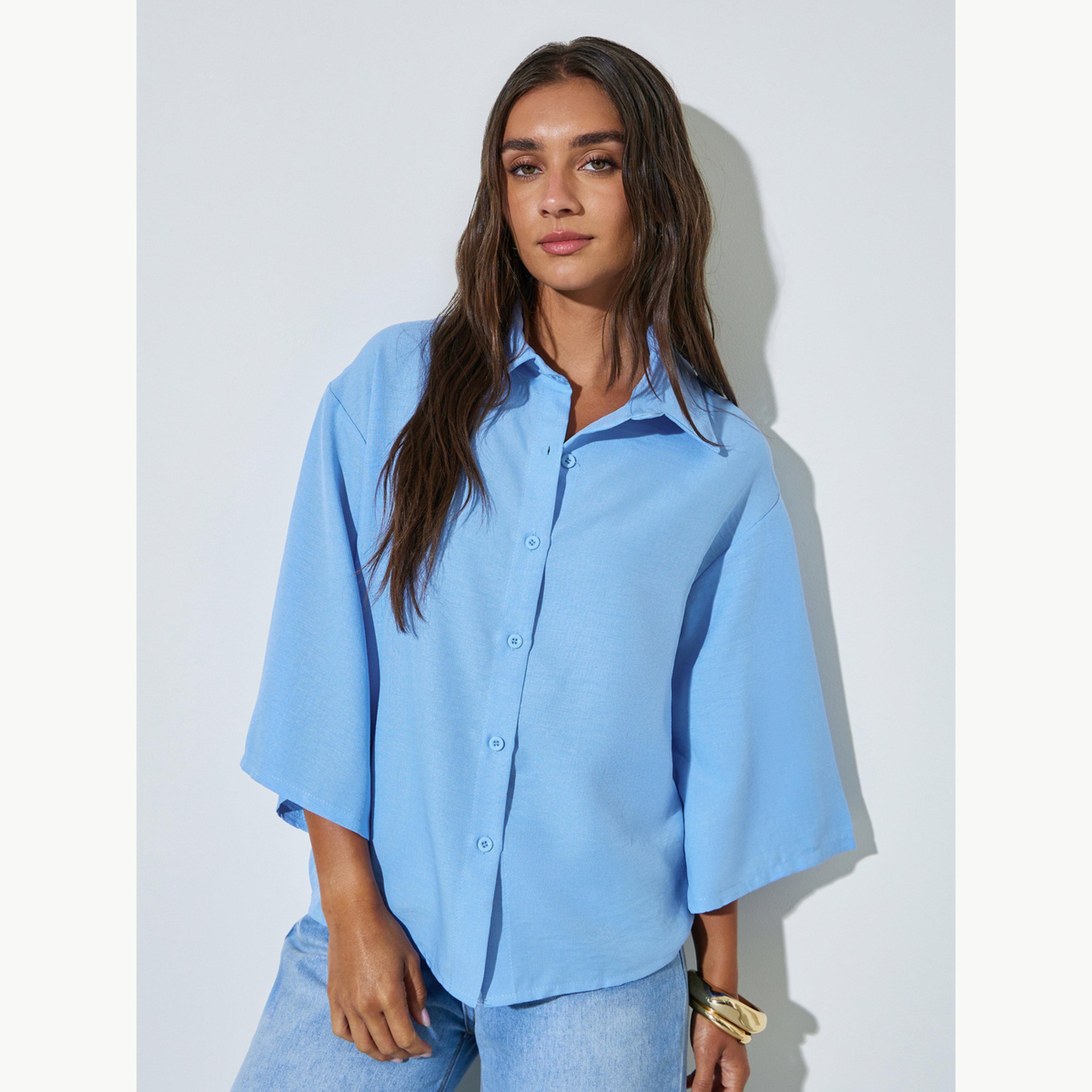 Styli Blue Solid 3/4 Sleeve Oversized Shirt-women-clothing-shirtsandblouses-shirts-image-1