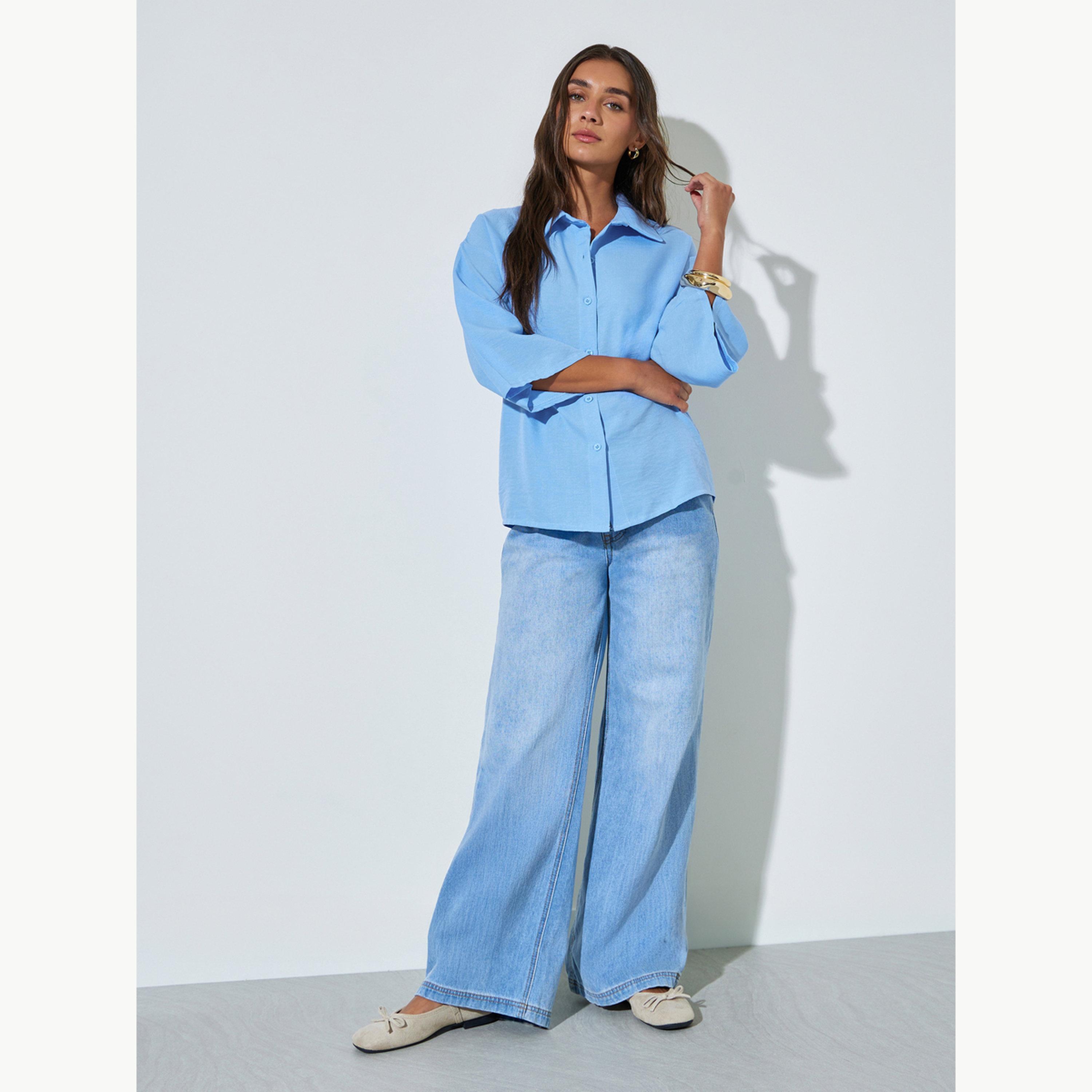 Styli Blue Solid 3/4 Sleeve Oversized Shirt-women-clothing-shirtsandblouses-shirts-image-2