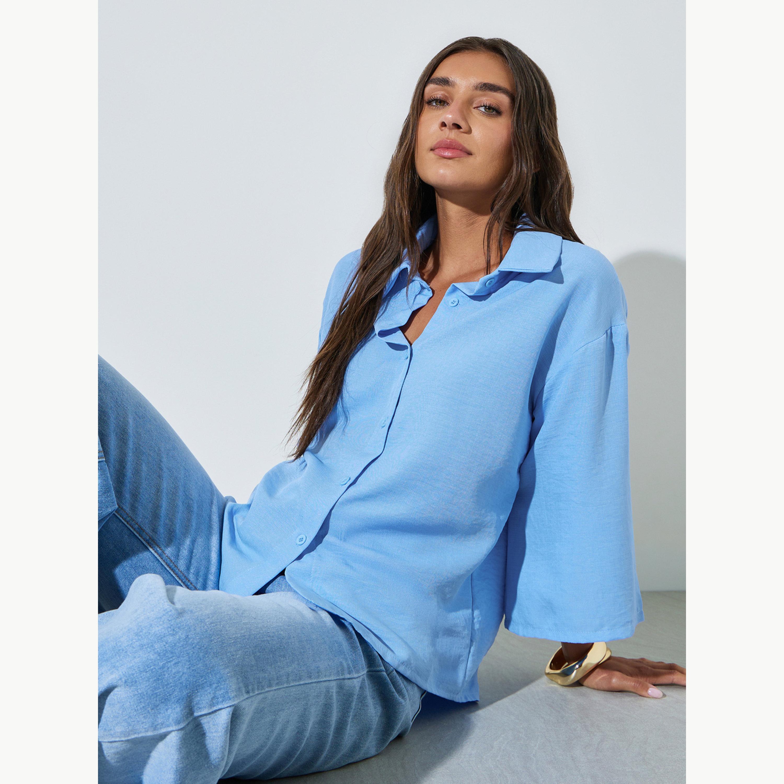 Styli Blue Solid 3/4 Sleeve Oversized Shirt-women-clothing-shirtsandblouses-shirts-image-3