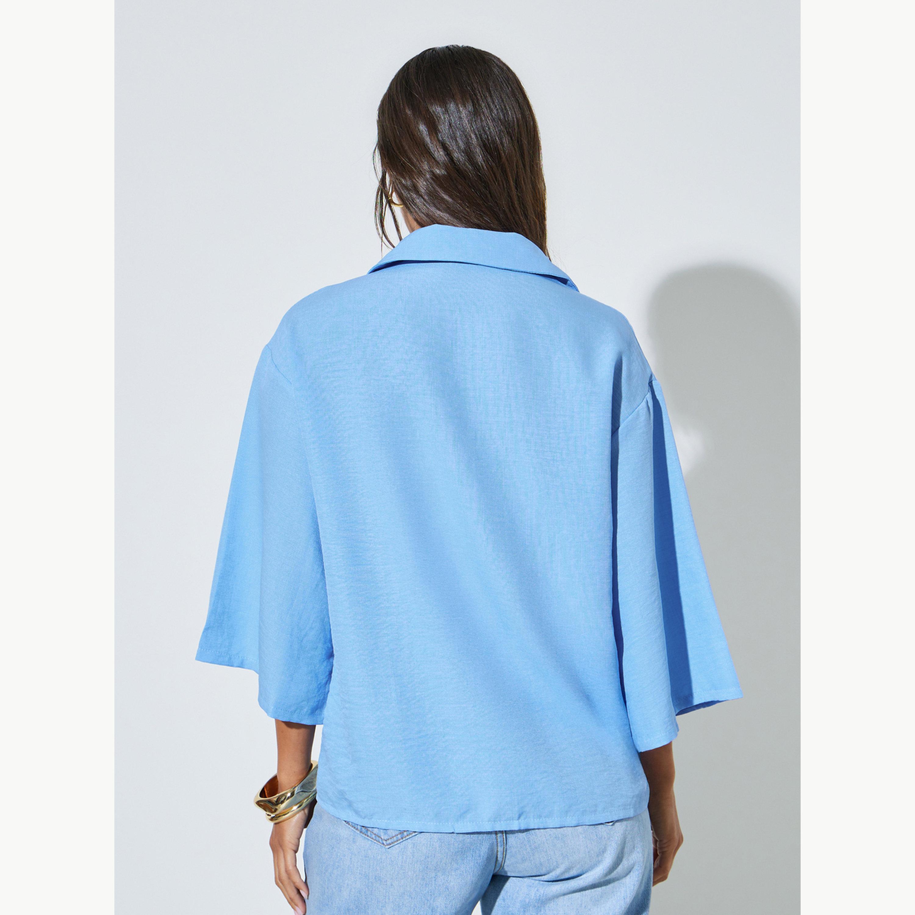 Styli Blue Solid 3/4 Sleeve Oversized Shirt-women-clothing-shirtsandblouses-shirts-image-4