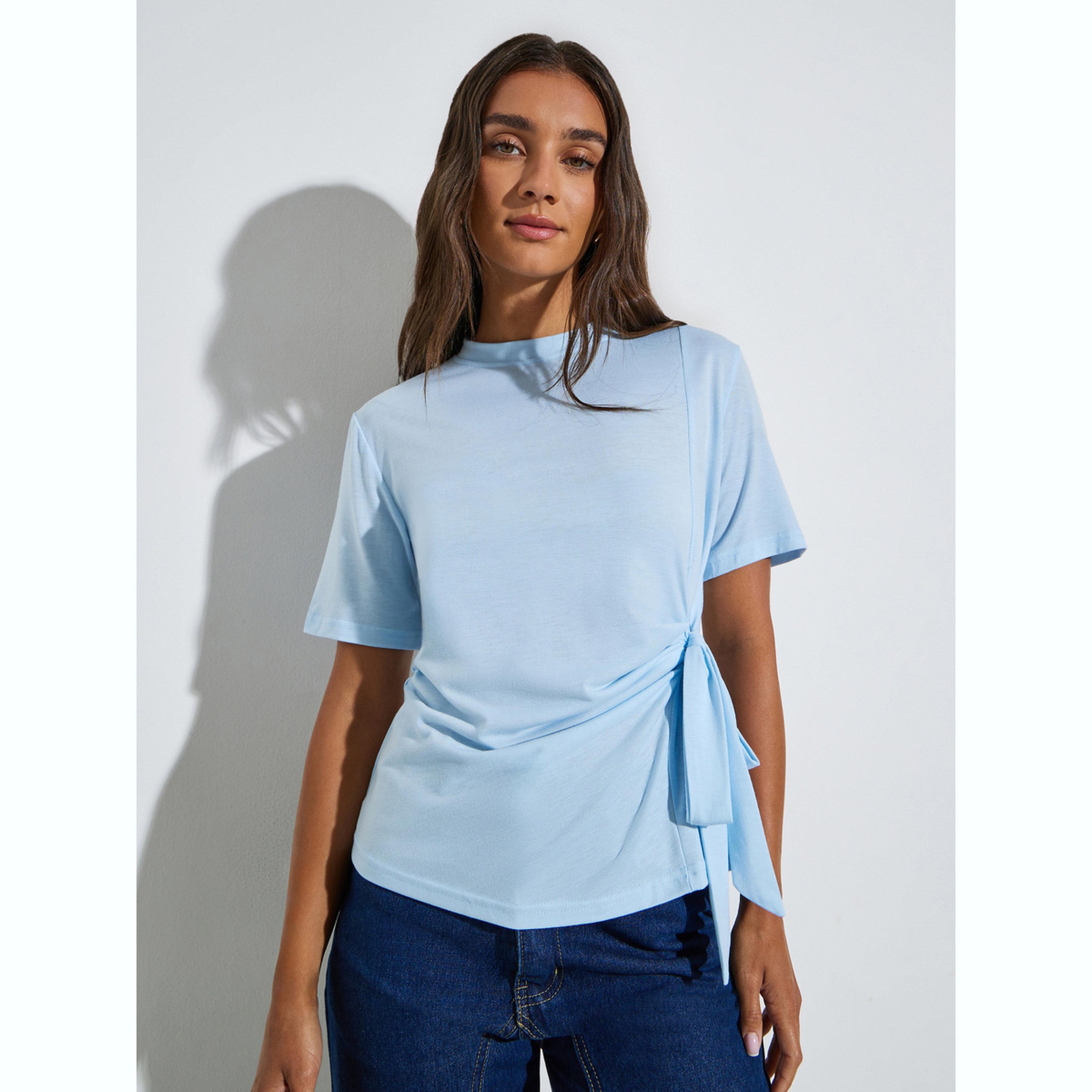 تيشيرت بأكمام قصيرة وربطة جانبية-women-clothing-shirtsandblouses-blouses-image-1