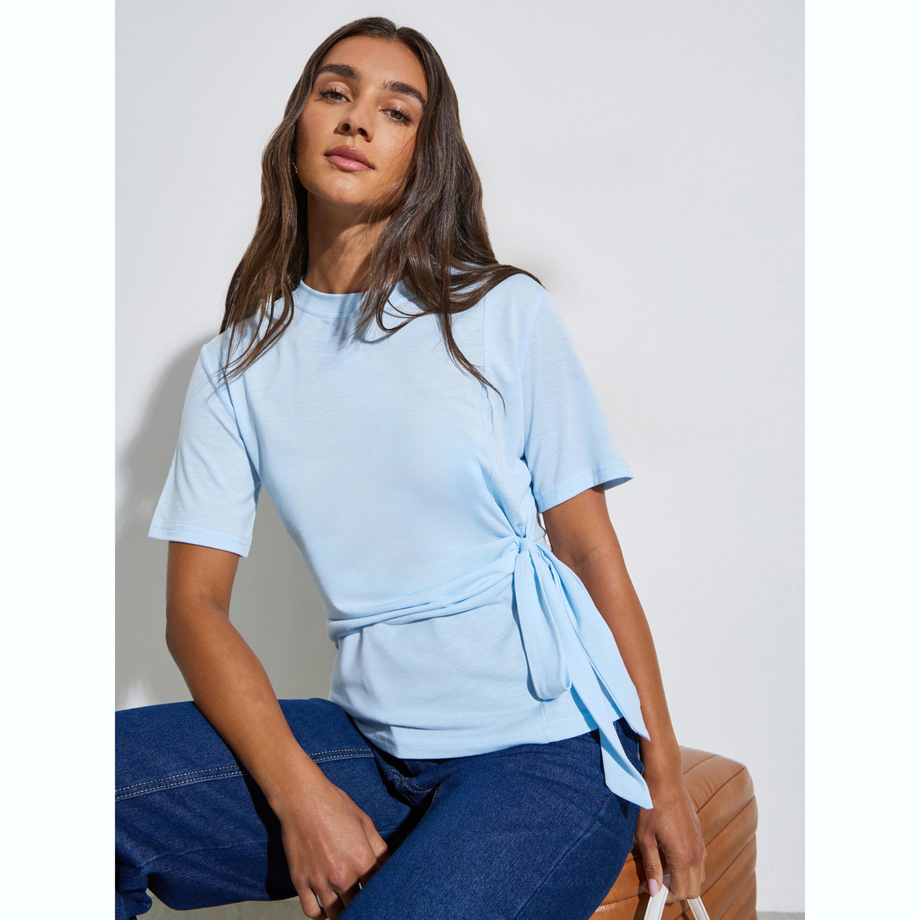 تيشيرت بأكمام قصيرة وربطة جانبية-women-clothing-shirtsandblouses-blouses-image-3