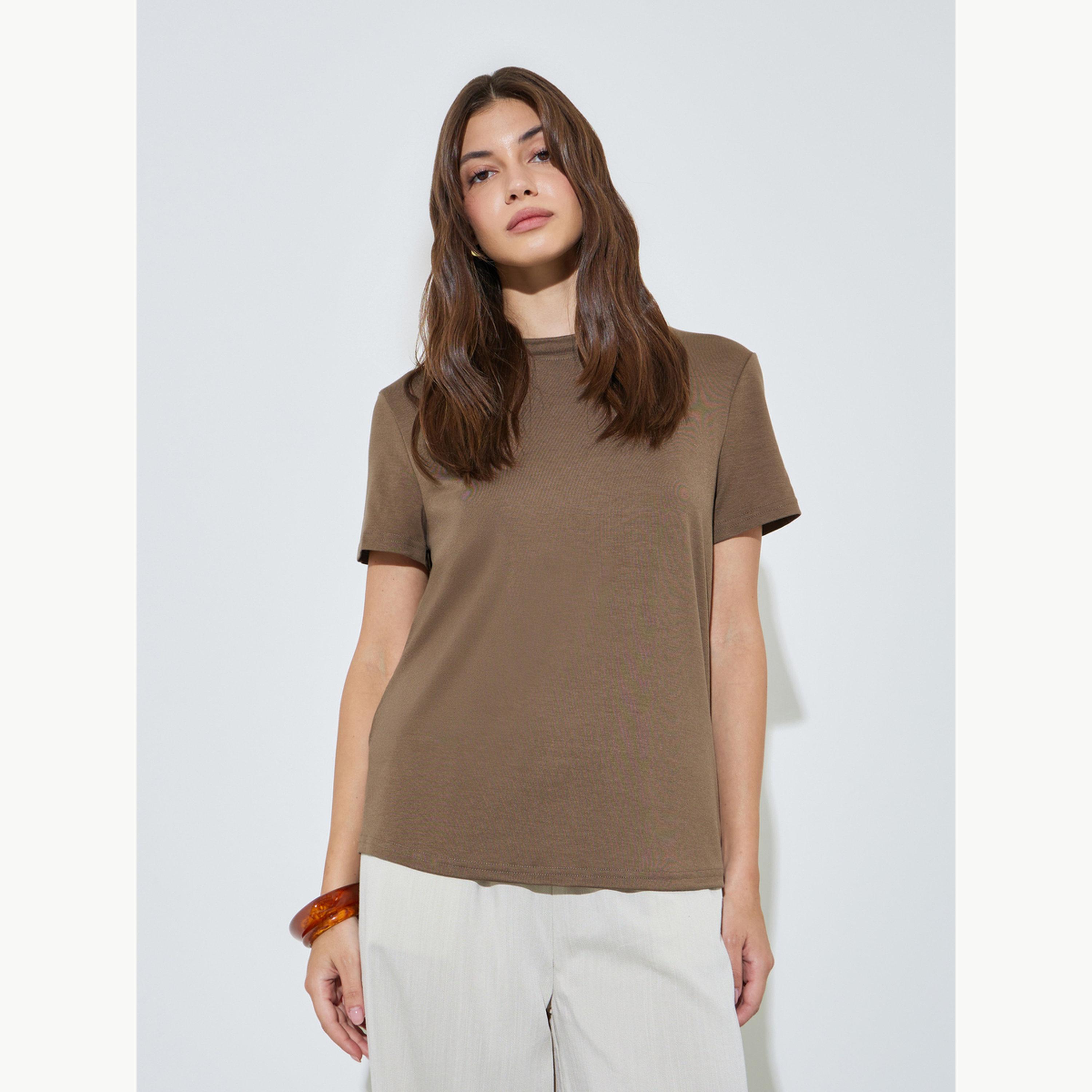 Styli Brown Plain Regular T-Shirt-women-clothing-tshirts-image-1