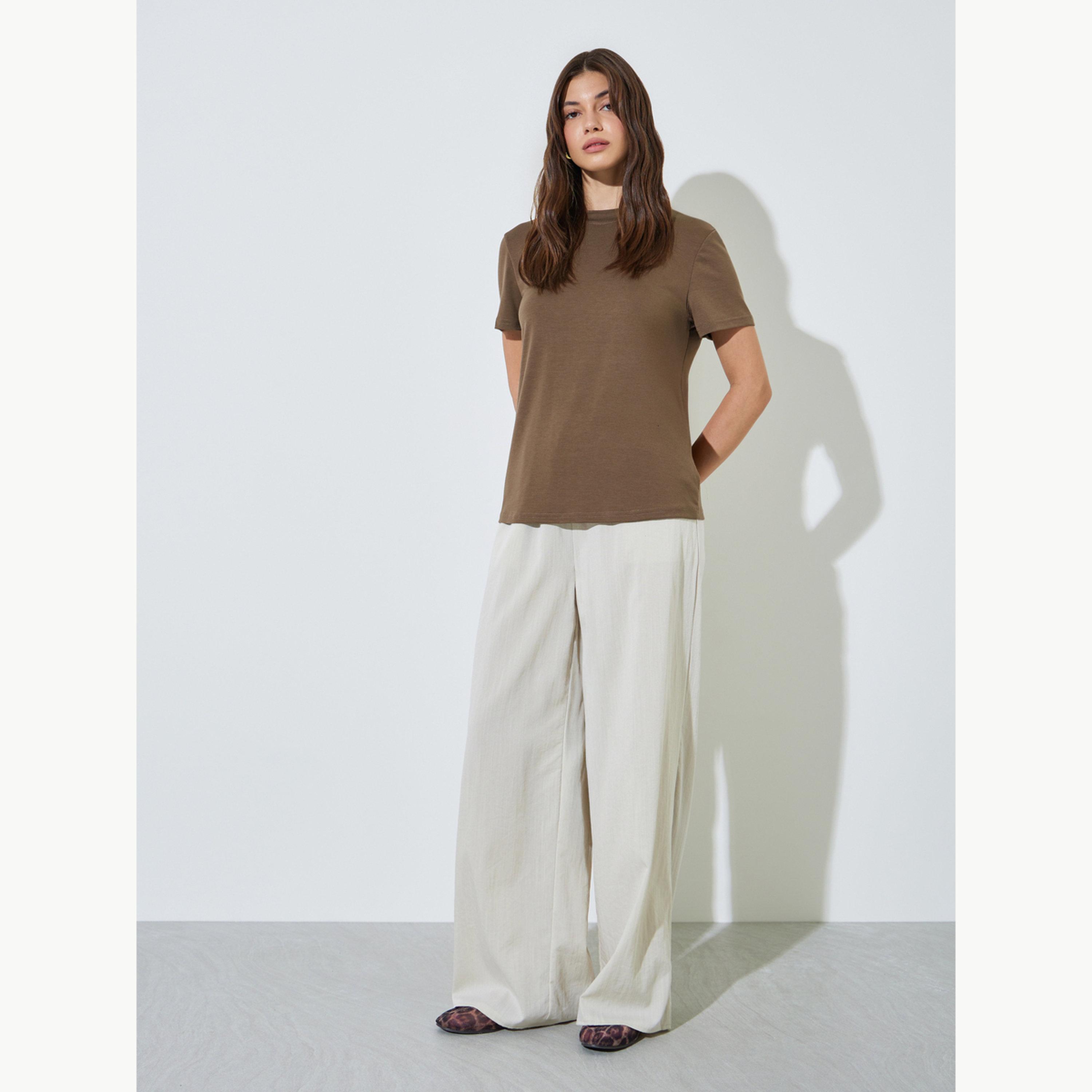 Styli Brown Plain Regular T-Shirt-women-clothing-tshirts-image-2