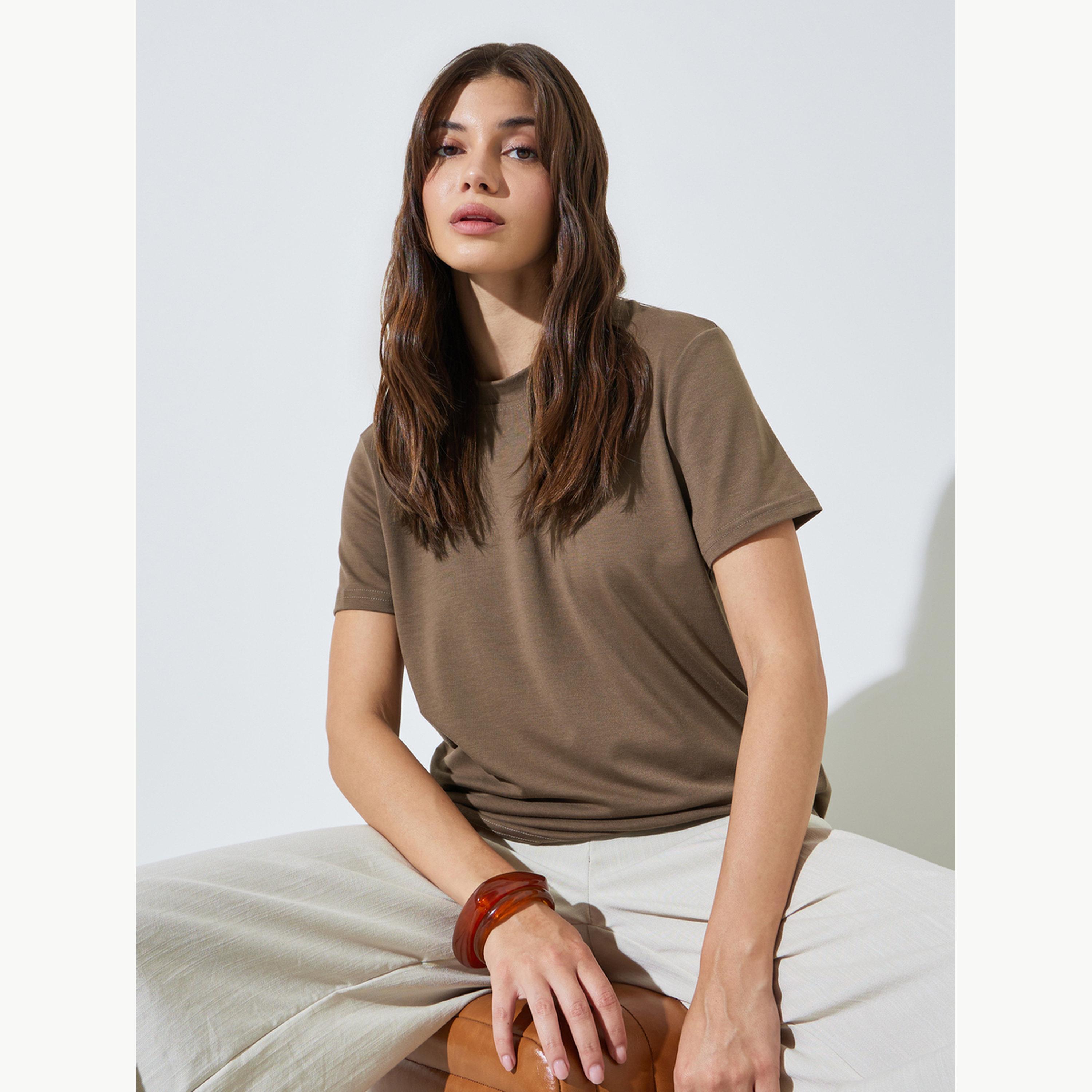 Styli Brown Plain Regular T-Shirt-women-clothing-tshirts-image-3