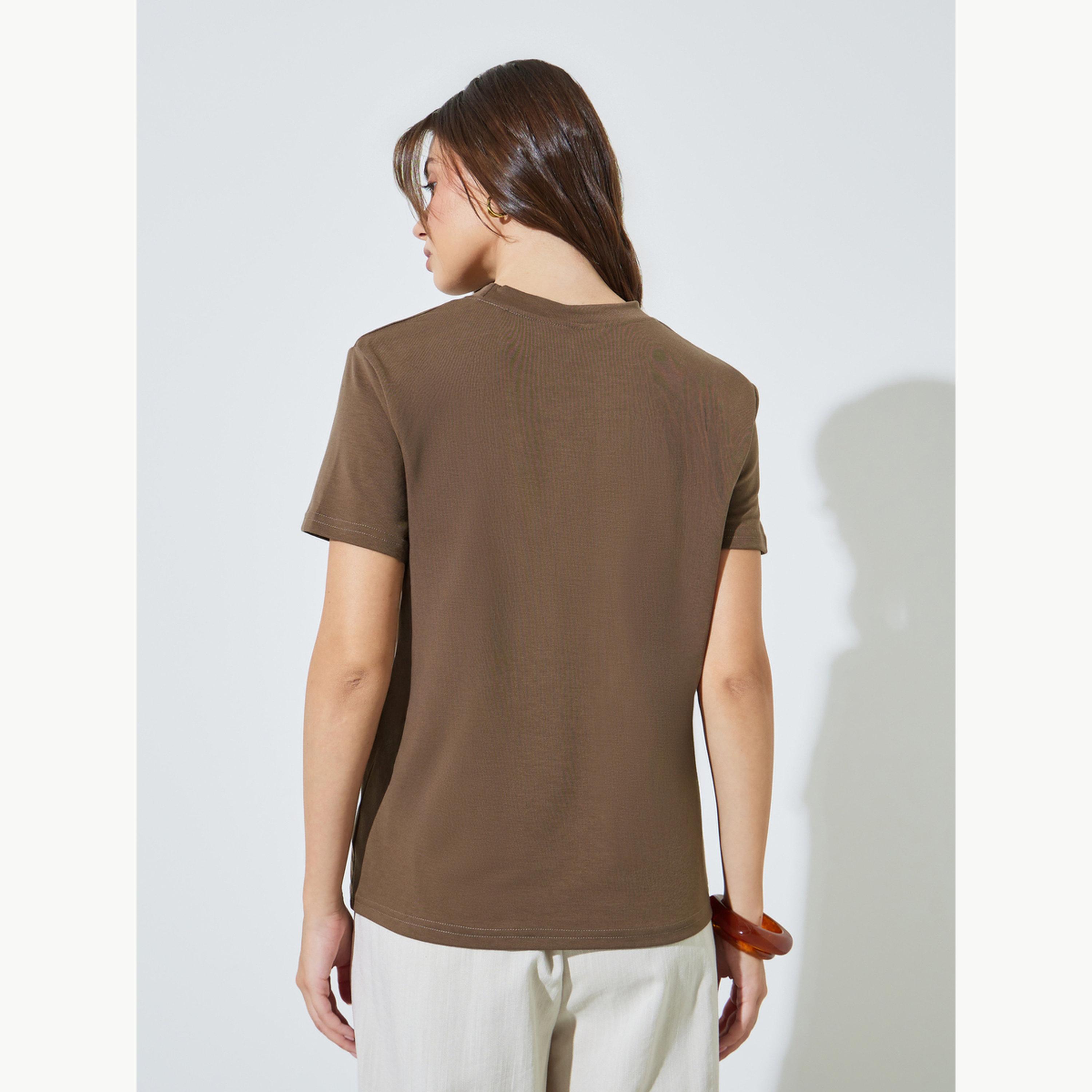 Styli Brown Plain Regular T-Shirt-women-clothing-tshirts-image-4