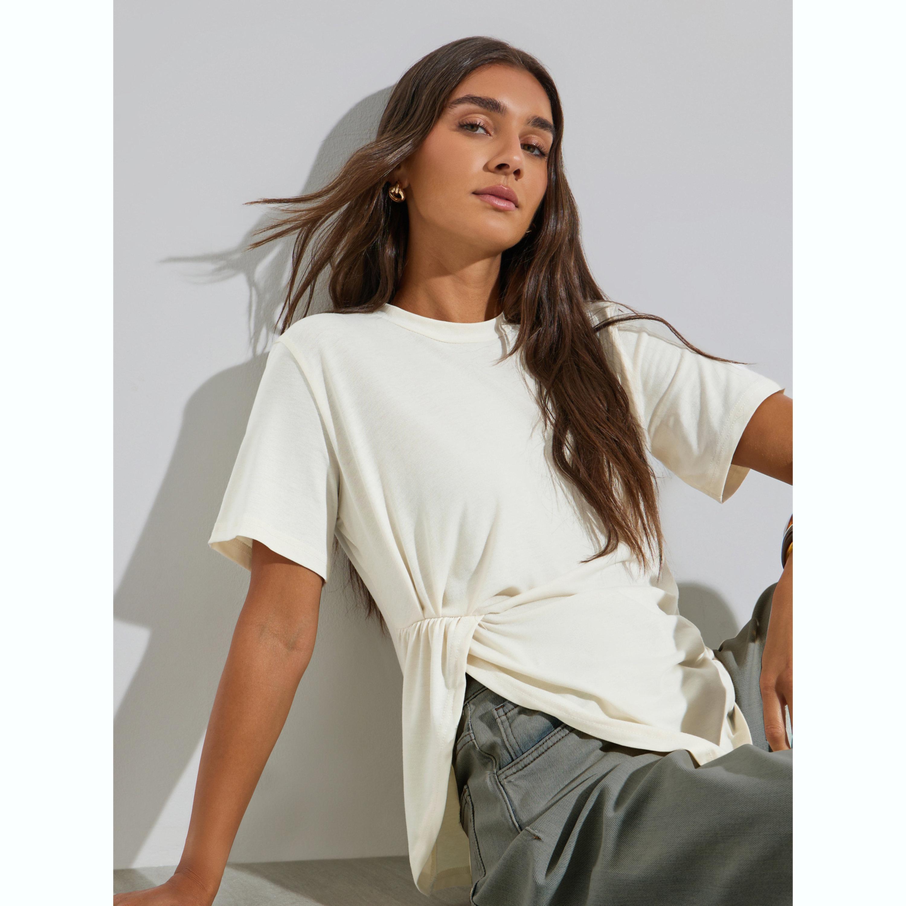 Styli Cream Knitted T-Shirt with Pleated Detail-women-clothing-shirtsandblouses-blouses-image-3