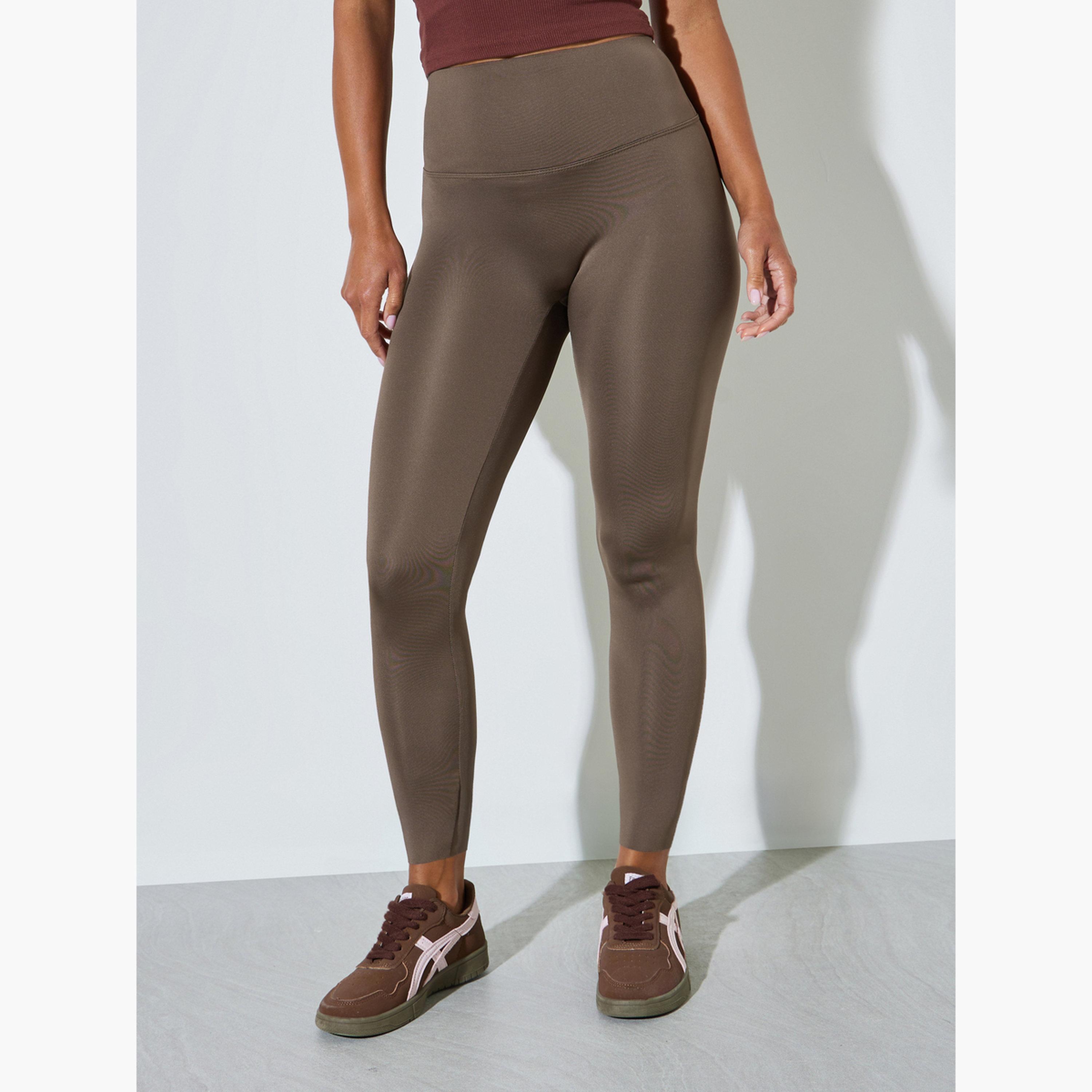 Styli Khaki Solid Ankle Length Leggings-women-clothing-bottoms-leggings-image-1