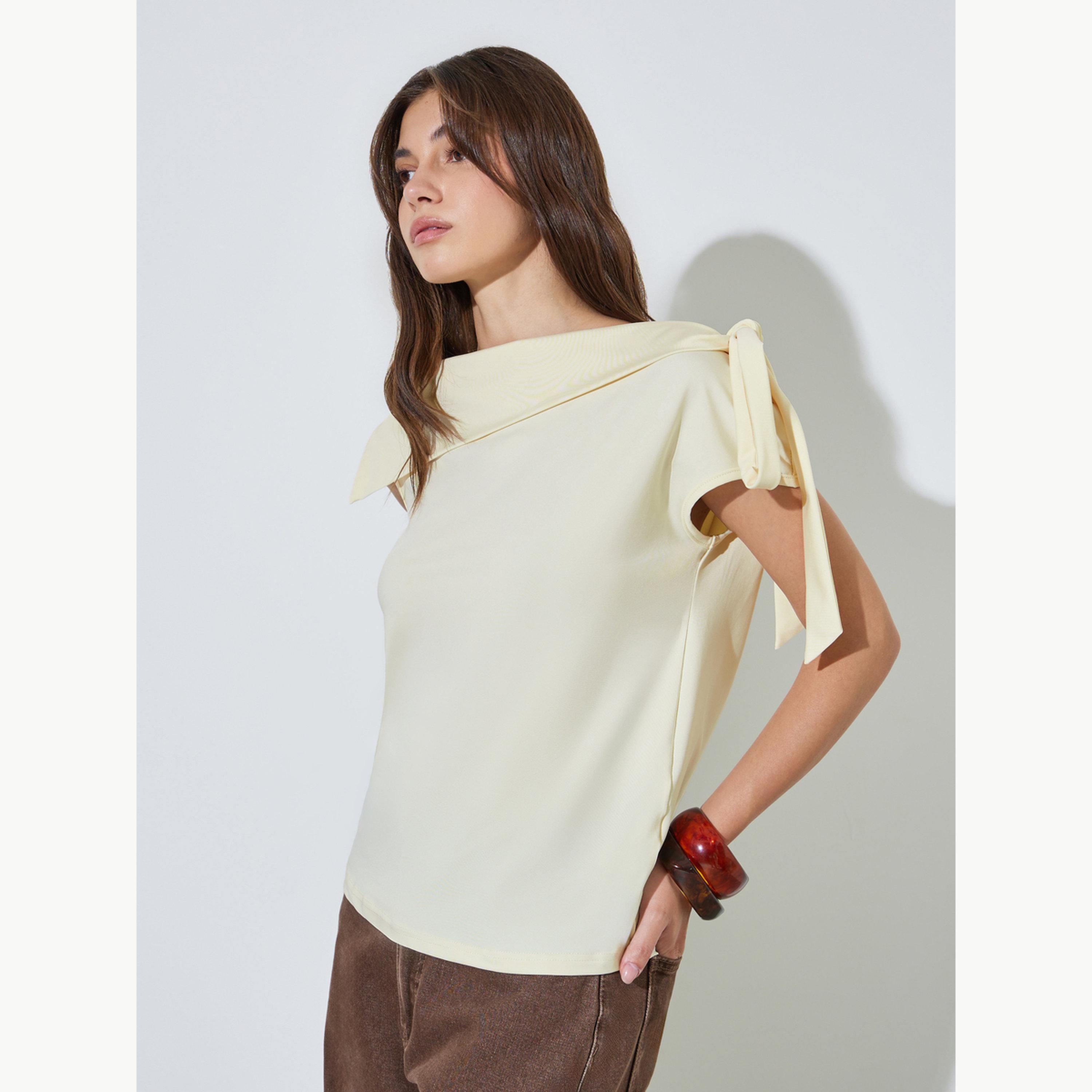 Styli Yellow Fold-Over Asymmetric Neck Knit Top-women-clothing-shirtsandblouses-blouses-image-1