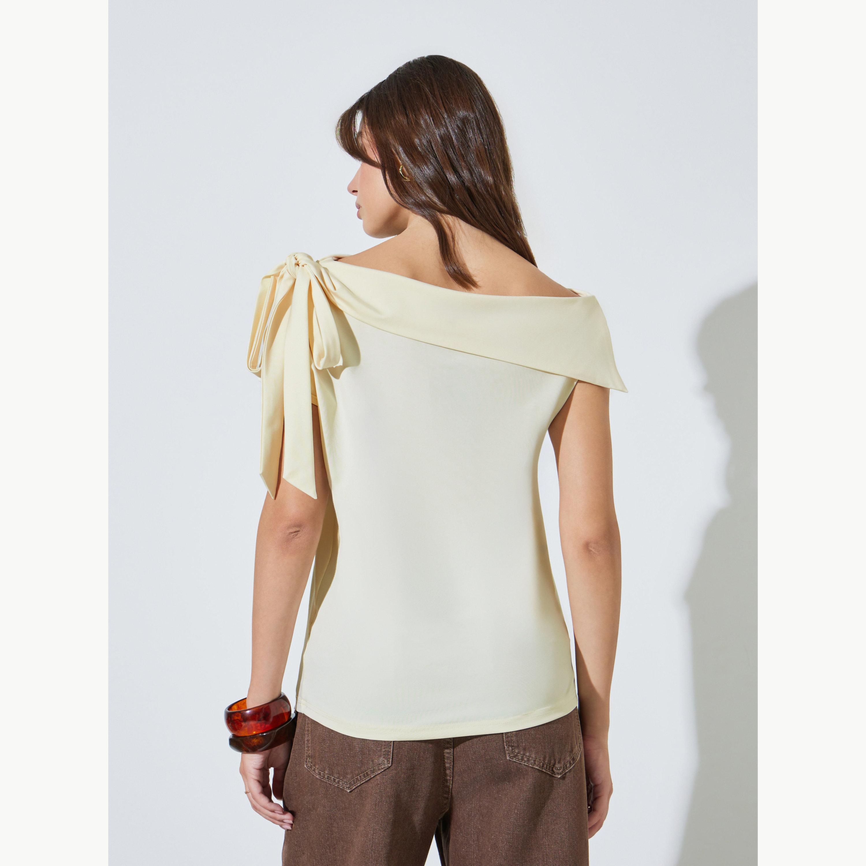 Styli Yellow Fold-Over Asymmetric Neck Knit Top-women-clothing-shirtsandblouses-blouses-image-3