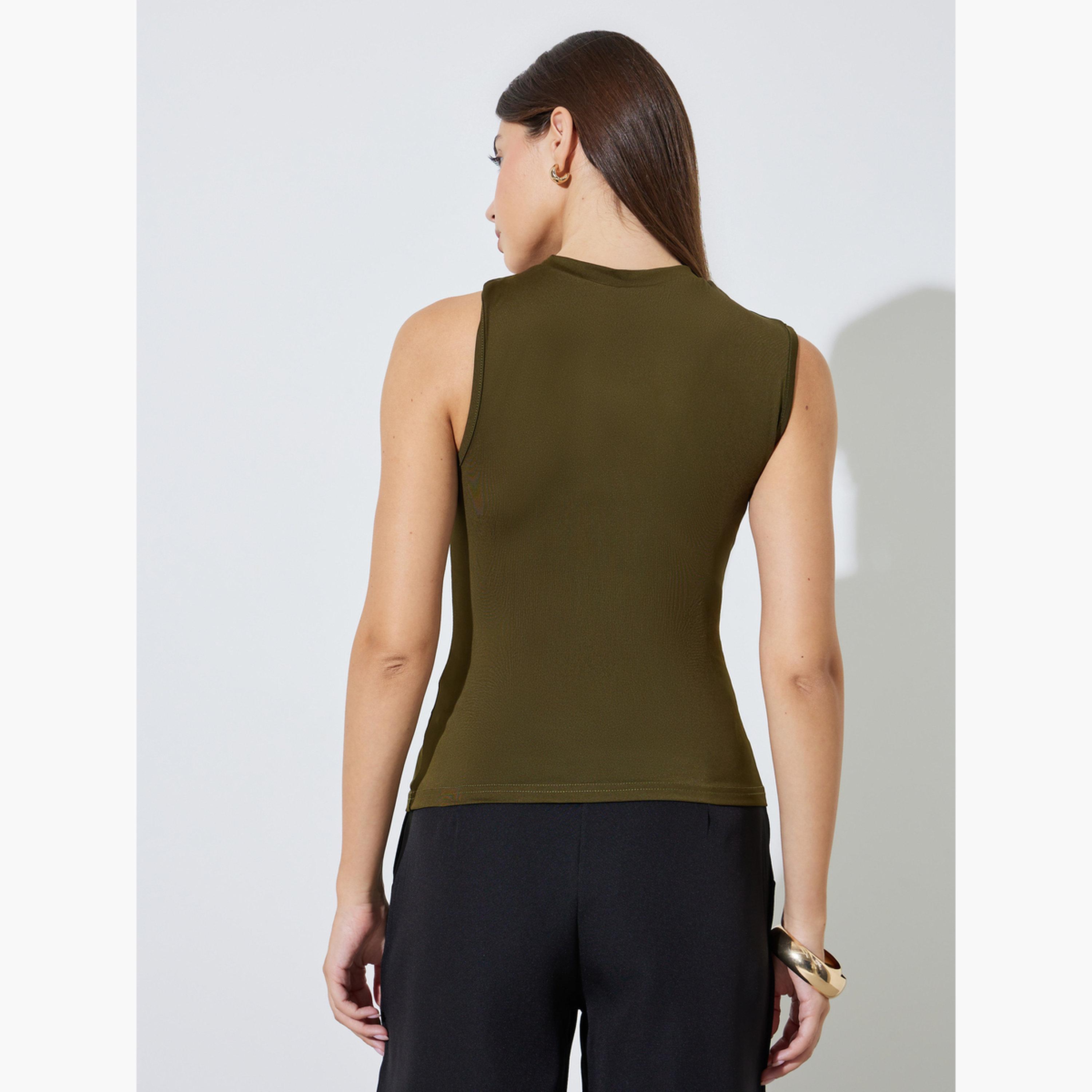 Styli Olive Fitted Tank with Metal Decor-women-clothing-shirtsandblouses-blouses-image-4