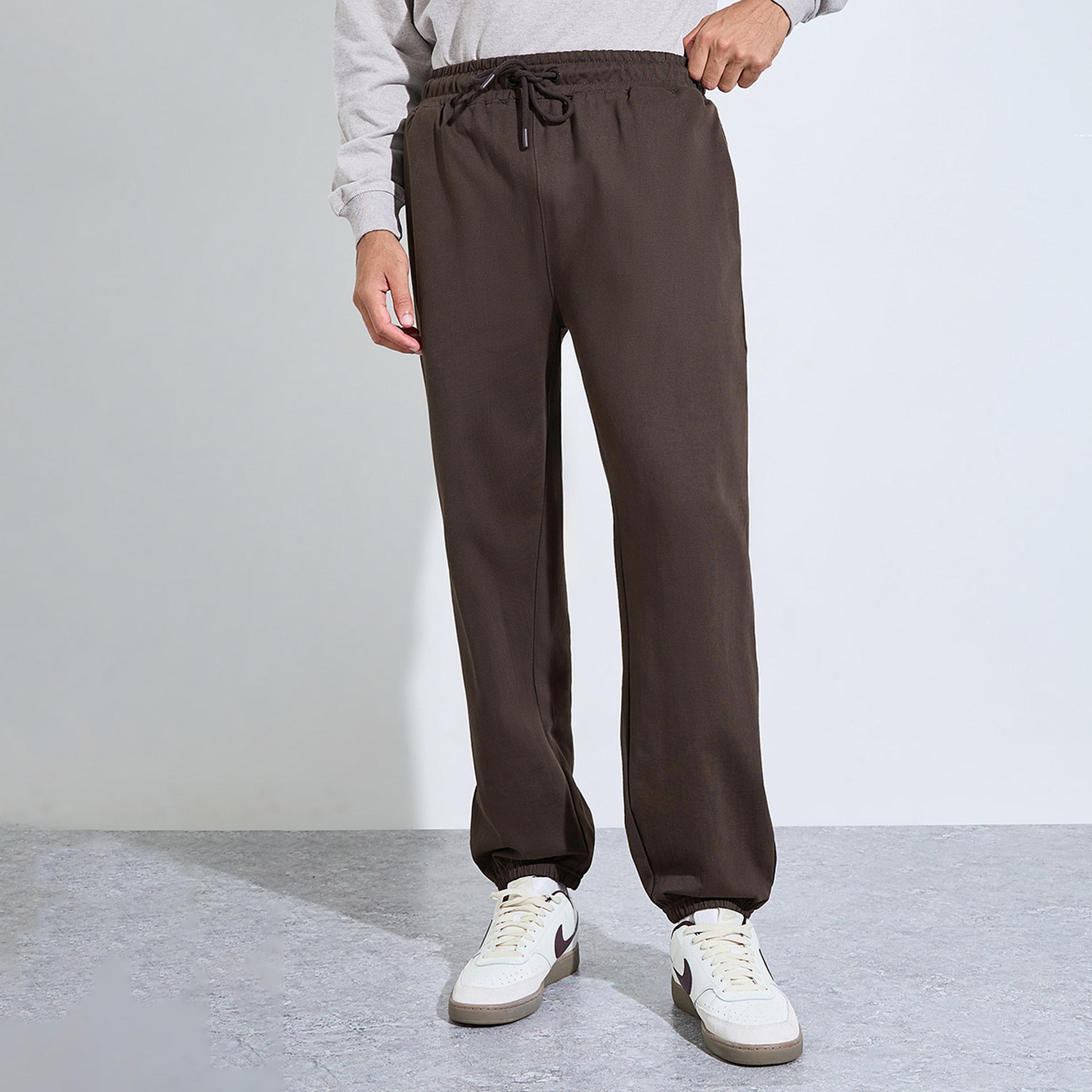 Styli Brown Solid Elasticated Hem Relaxed Fit Joggers-men-clothing-joggers-image-1