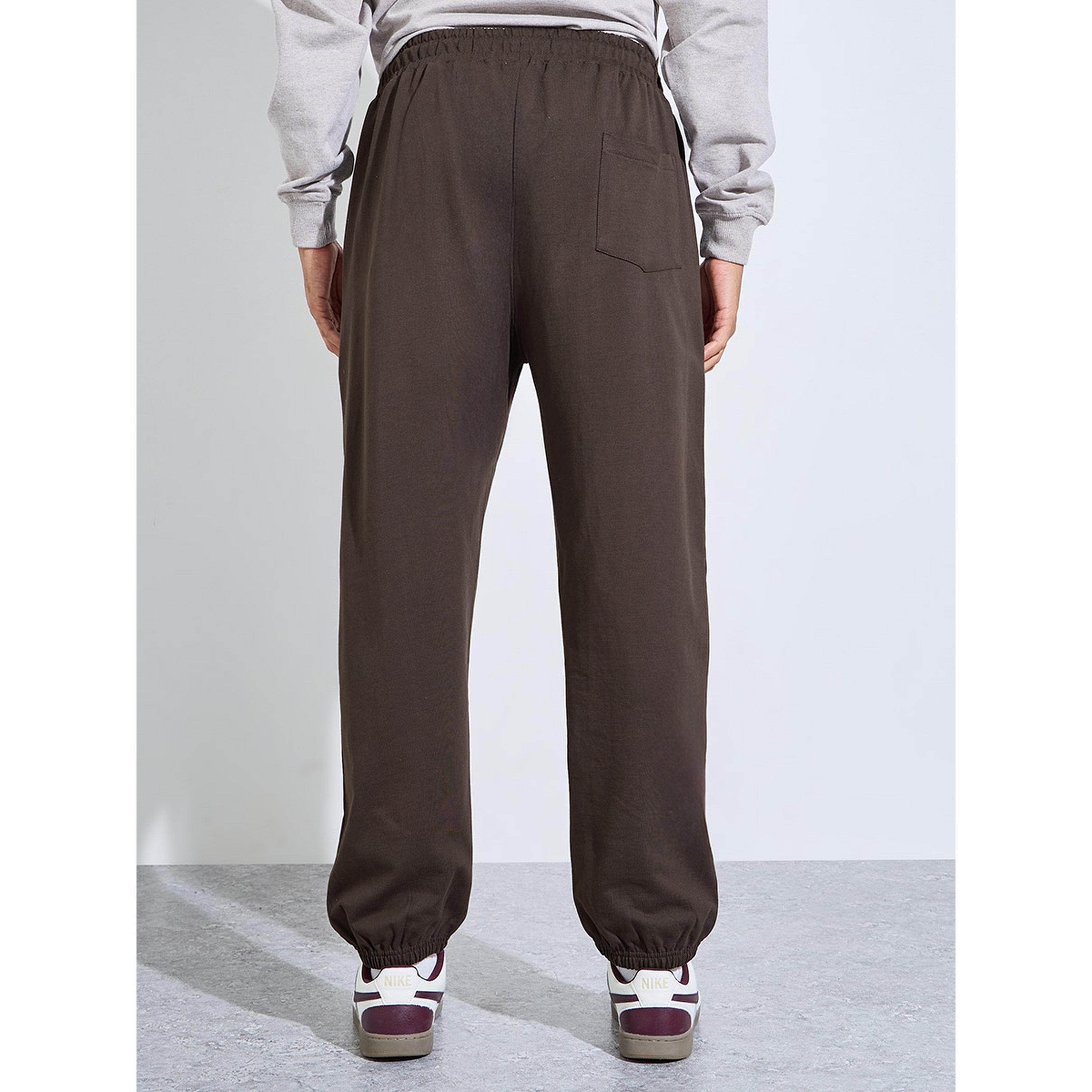Styli Brown Solid Elasticated Hem Relaxed Fit Joggers-men-clothing-joggers-image-4
