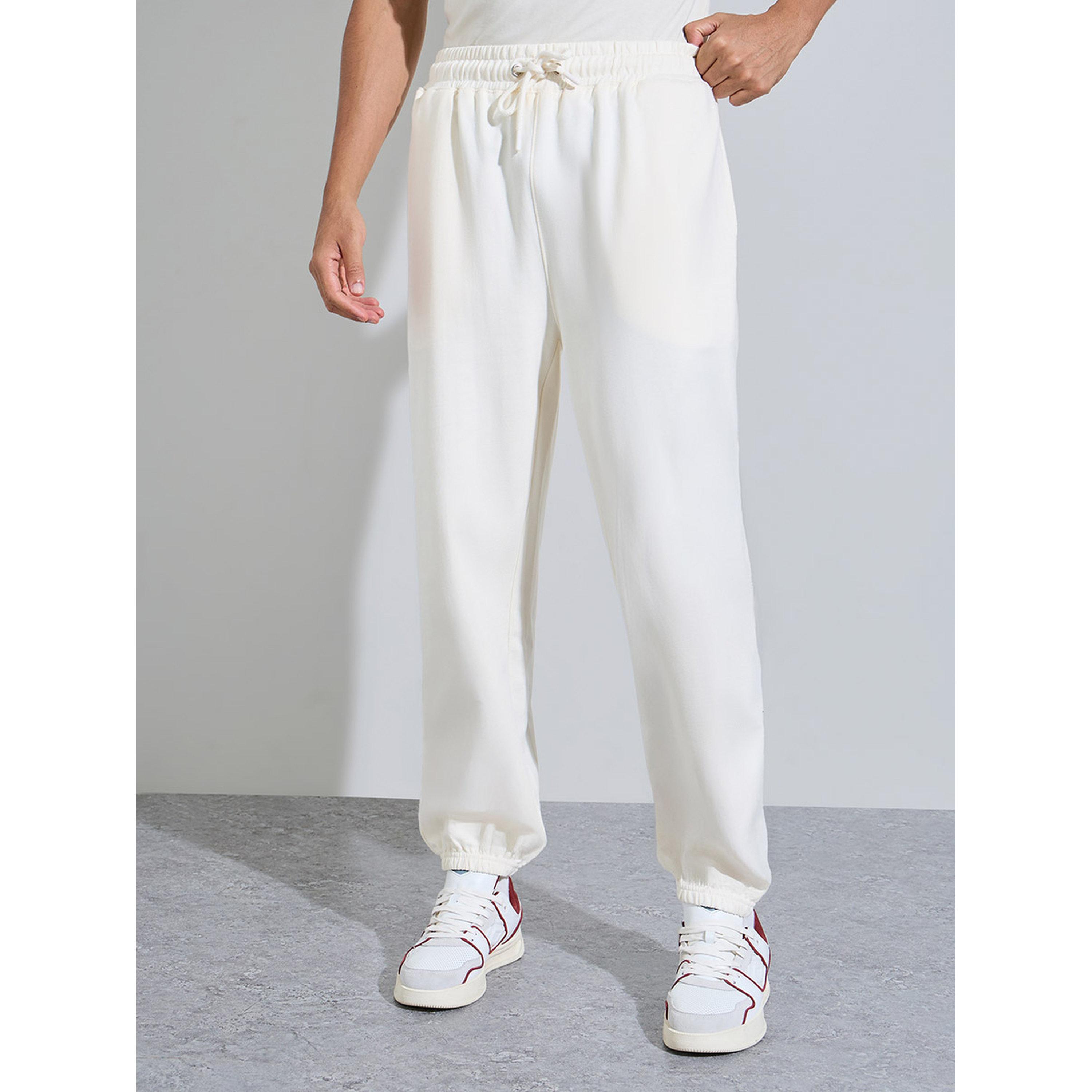 Styli Cream Solid Elasticated Hem Relaxed Fit Joggers-men-clothing-joggers-image-1