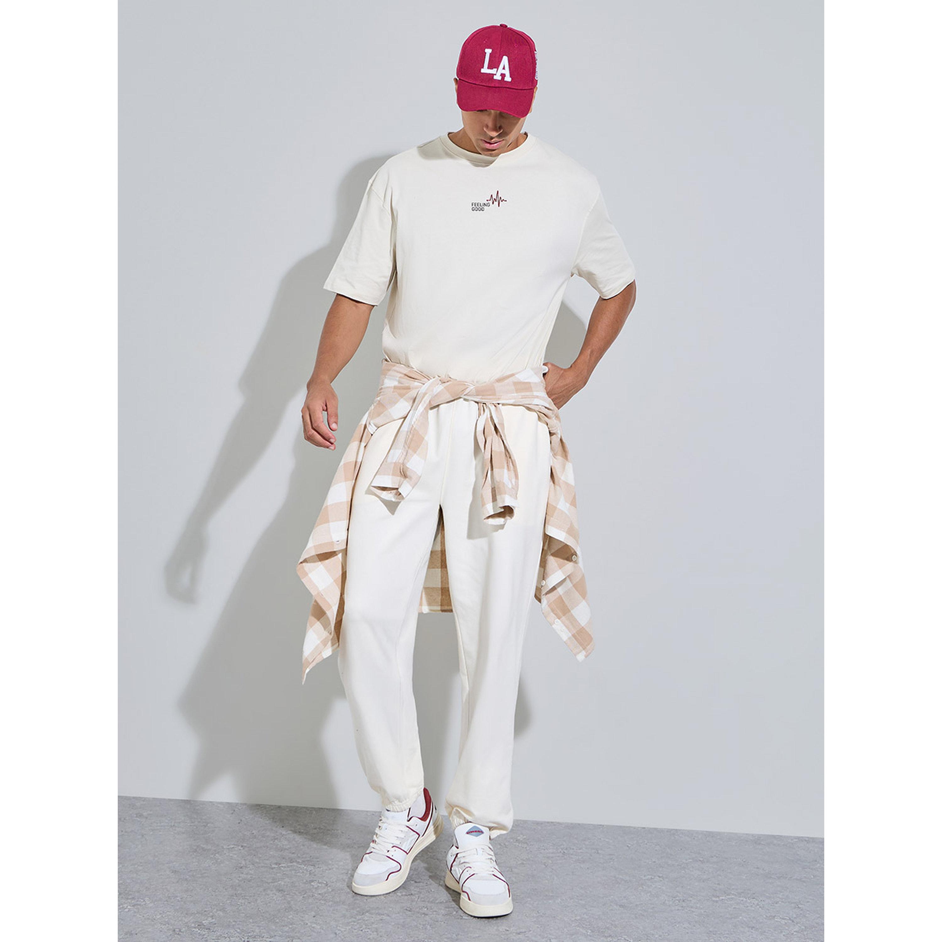 Styli Cream Solid Elasticated Hem Relaxed Fit Joggers-men-clothing-joggers-image-2