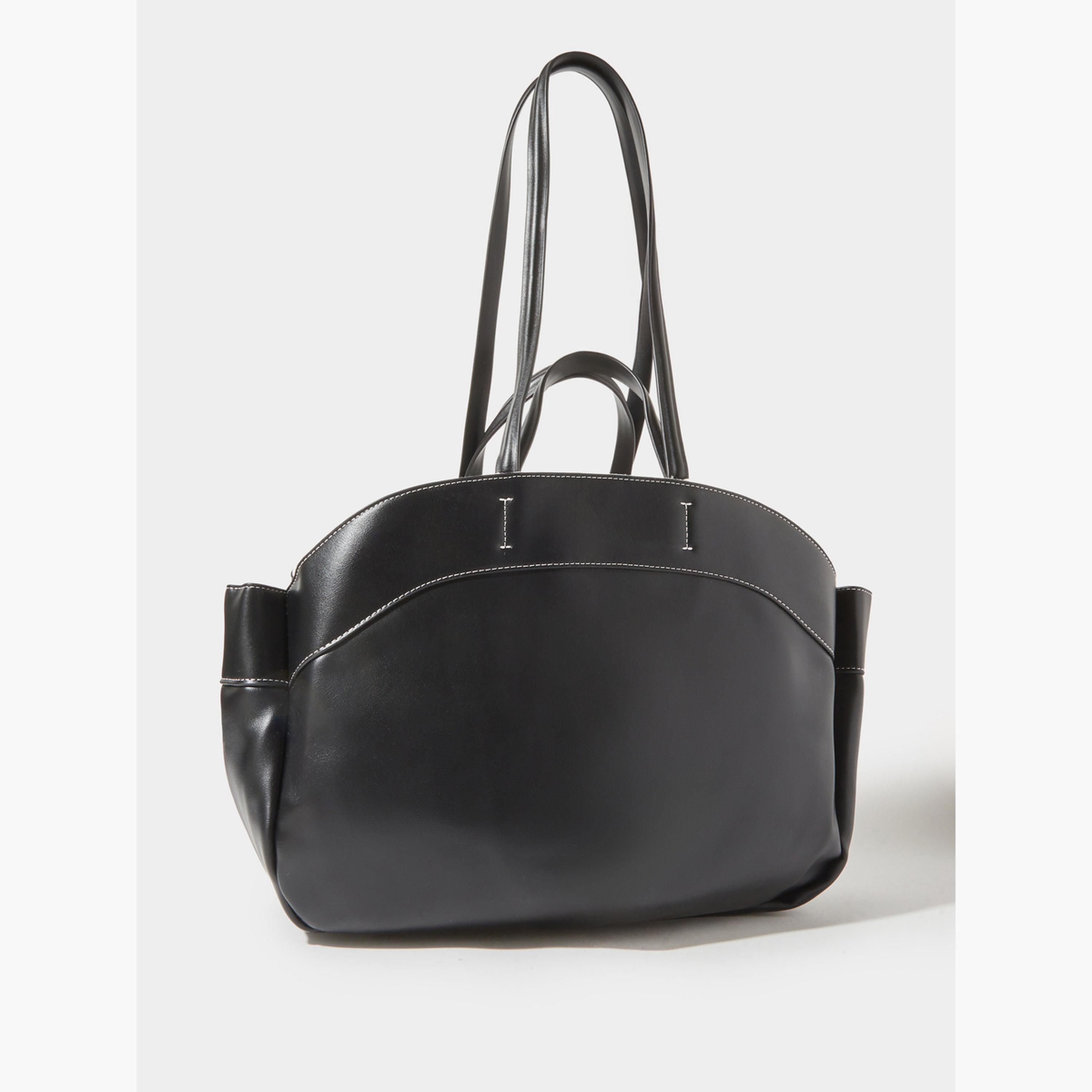 Styli Black Faux Leather Contrast Stitching Structured Tote Bag-women-bagsandwallets-handbags-image-1
