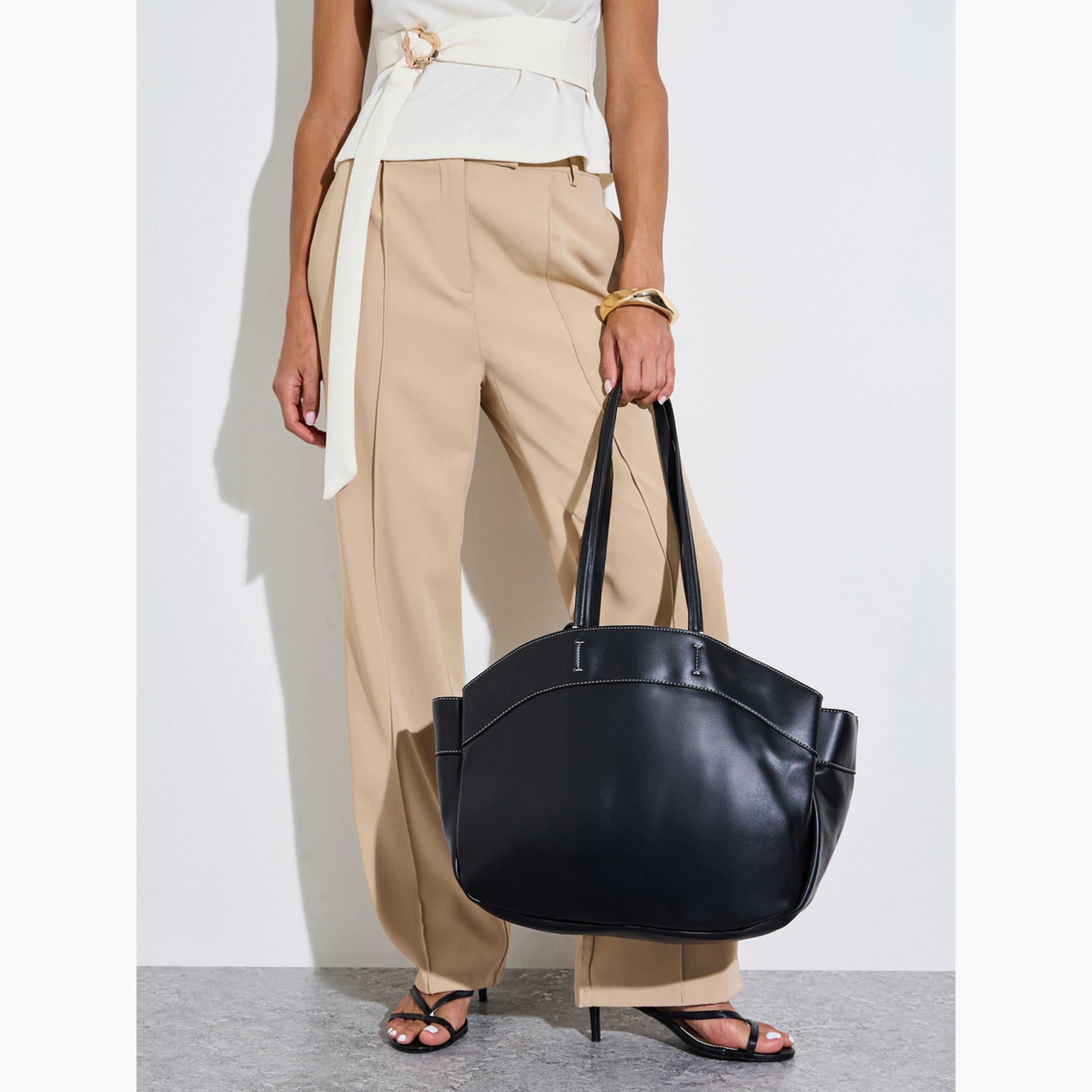 Styli Black Faux Leather Contrast Stitching Structured Tote Bag-women-bagsandwallets-handbags-image-2