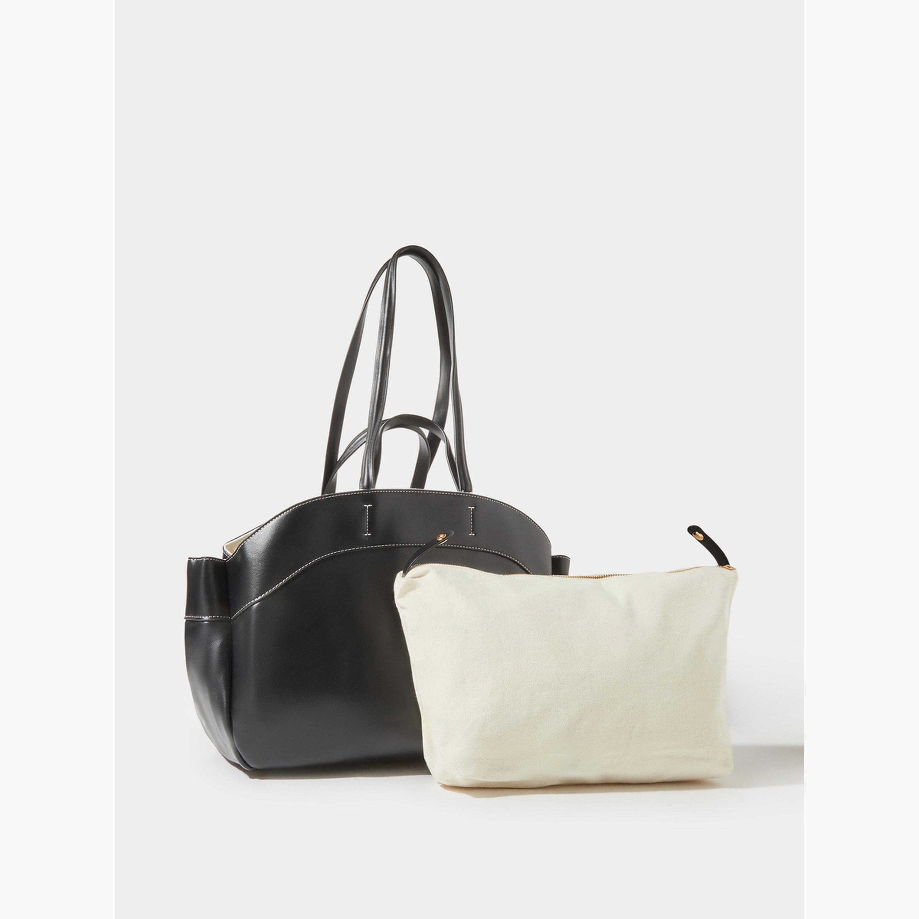 Styli Black Faux Leather Contrast Stitching Structured Tote Bag-women-bagsandwallets-handbags-image-3