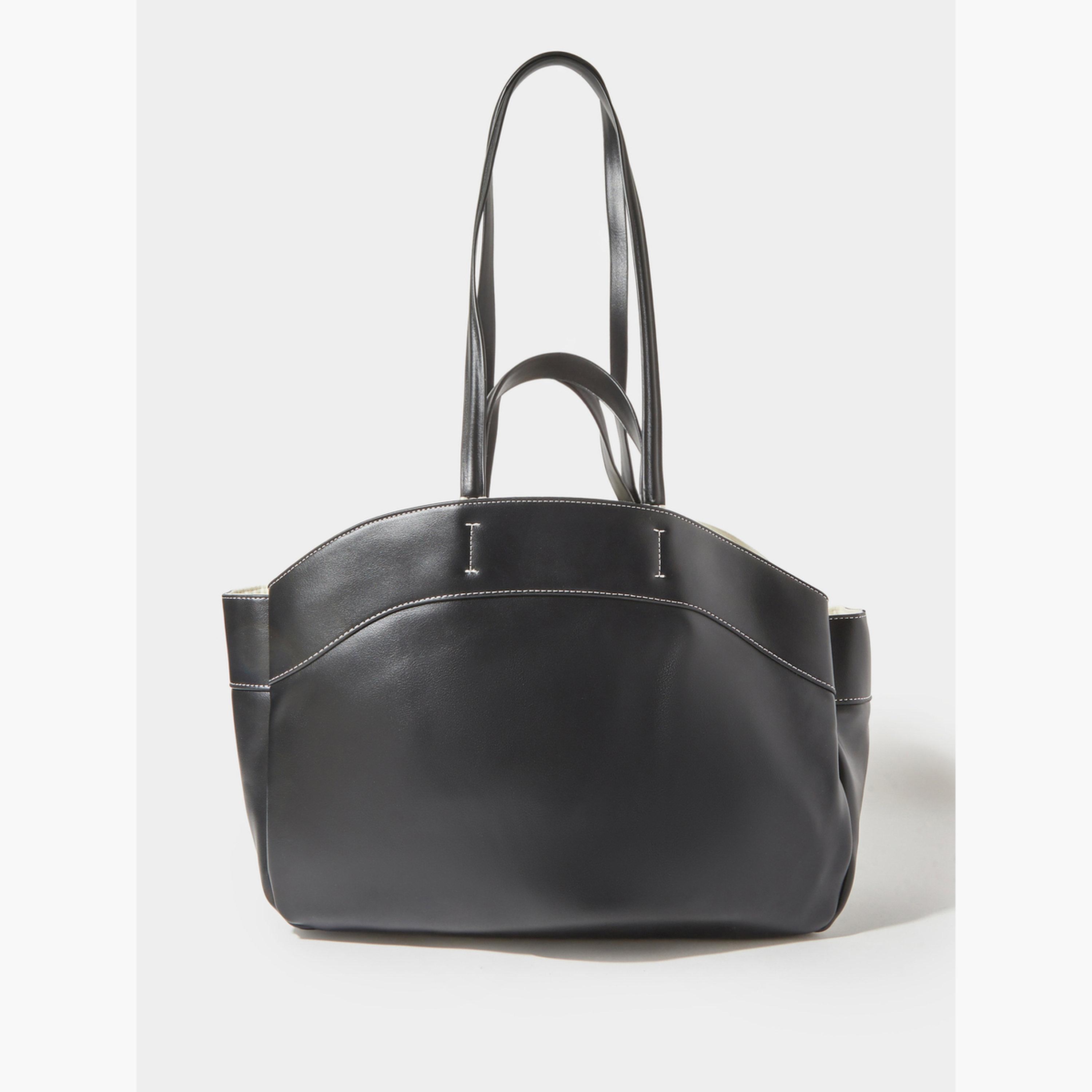 Styli Black Faux Leather Contrast Stitching Structured Tote Bag-women-bagsandwallets-handbags-image-4