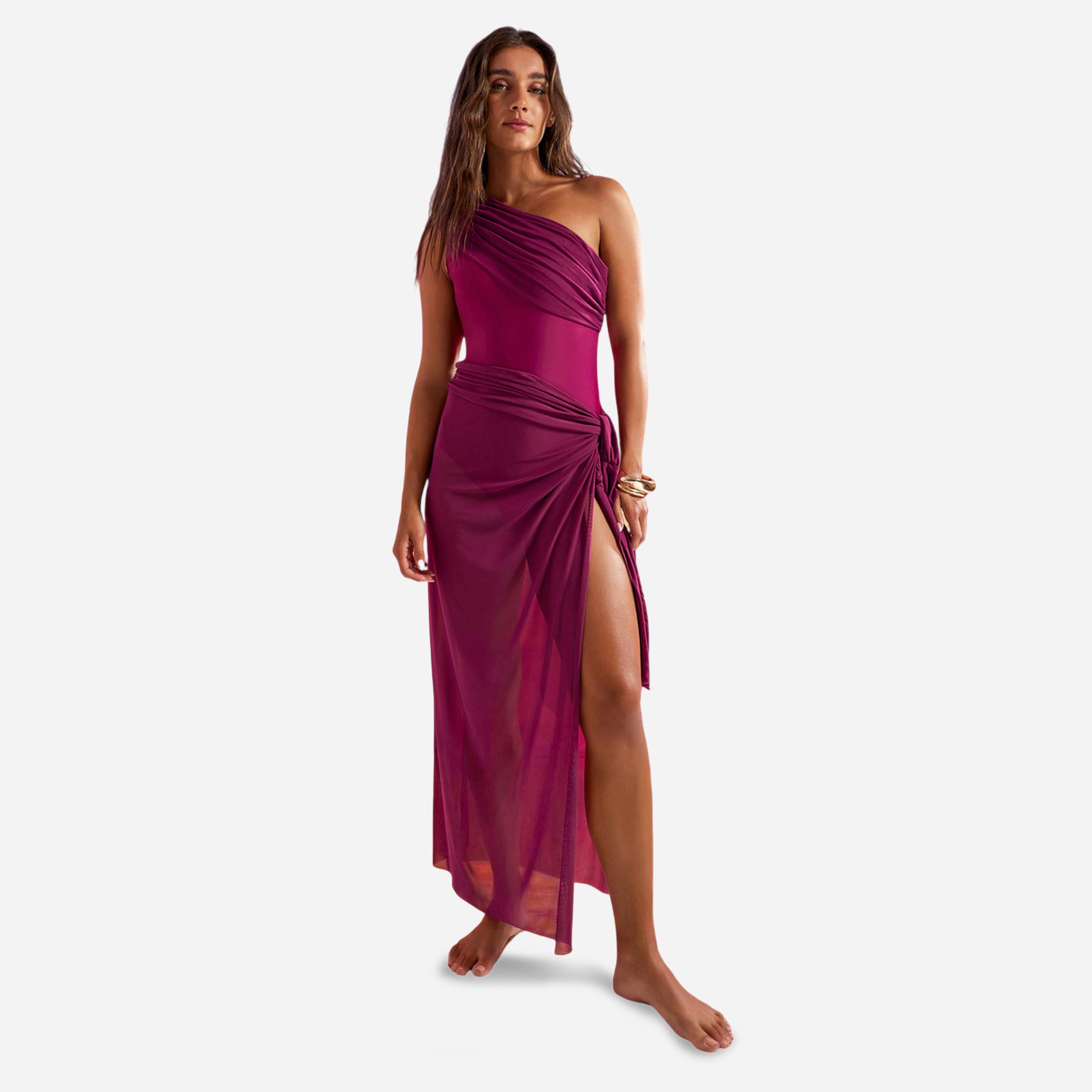 Styli Burgundy One Shoulder Swimsuit with Mesh Drape Tie Sarong-women-clothing-swimandbeach-swim-swimsuits-image-1