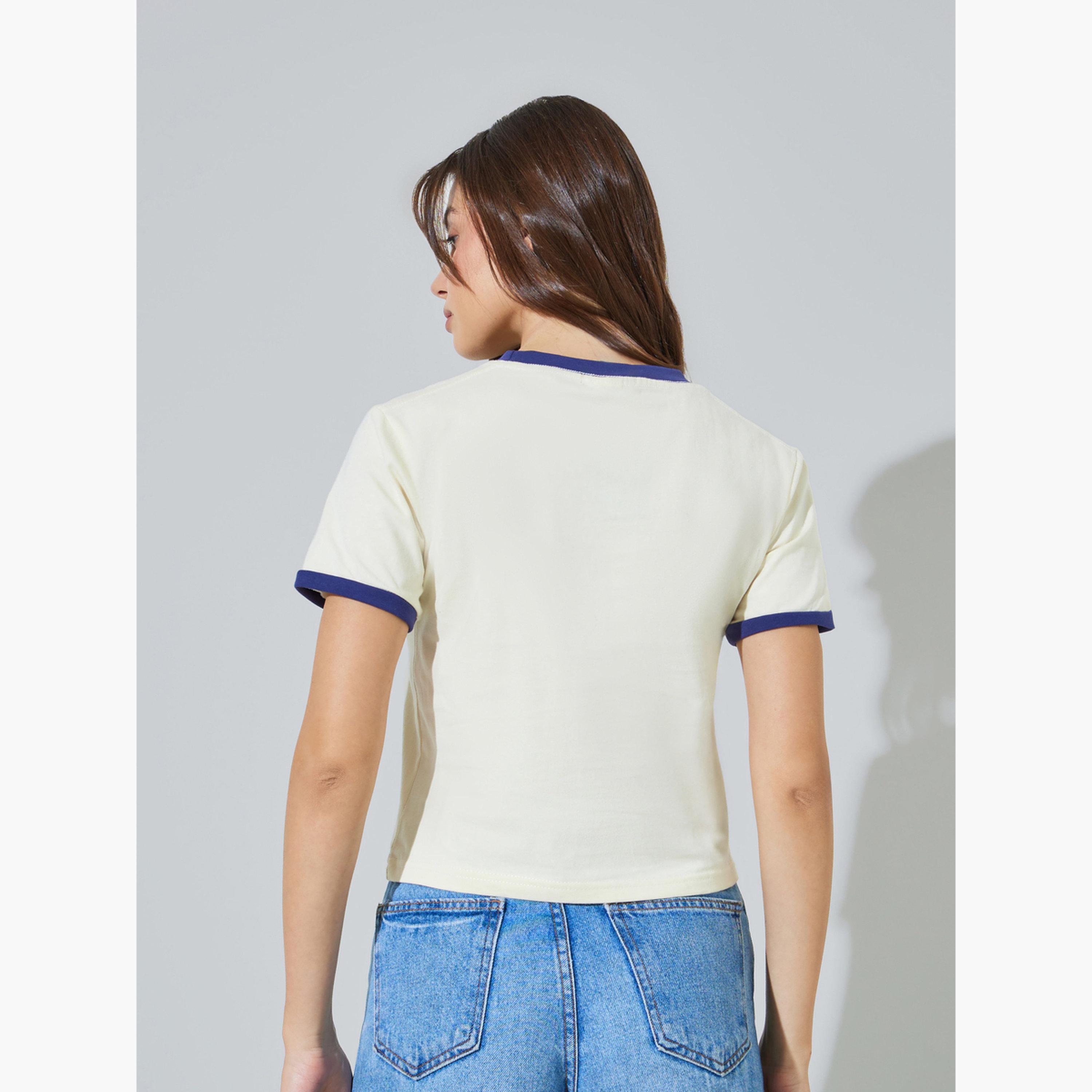Styli Cream Ringer T-Shirt with Round Neck-women-clothing-tshirts-image-4