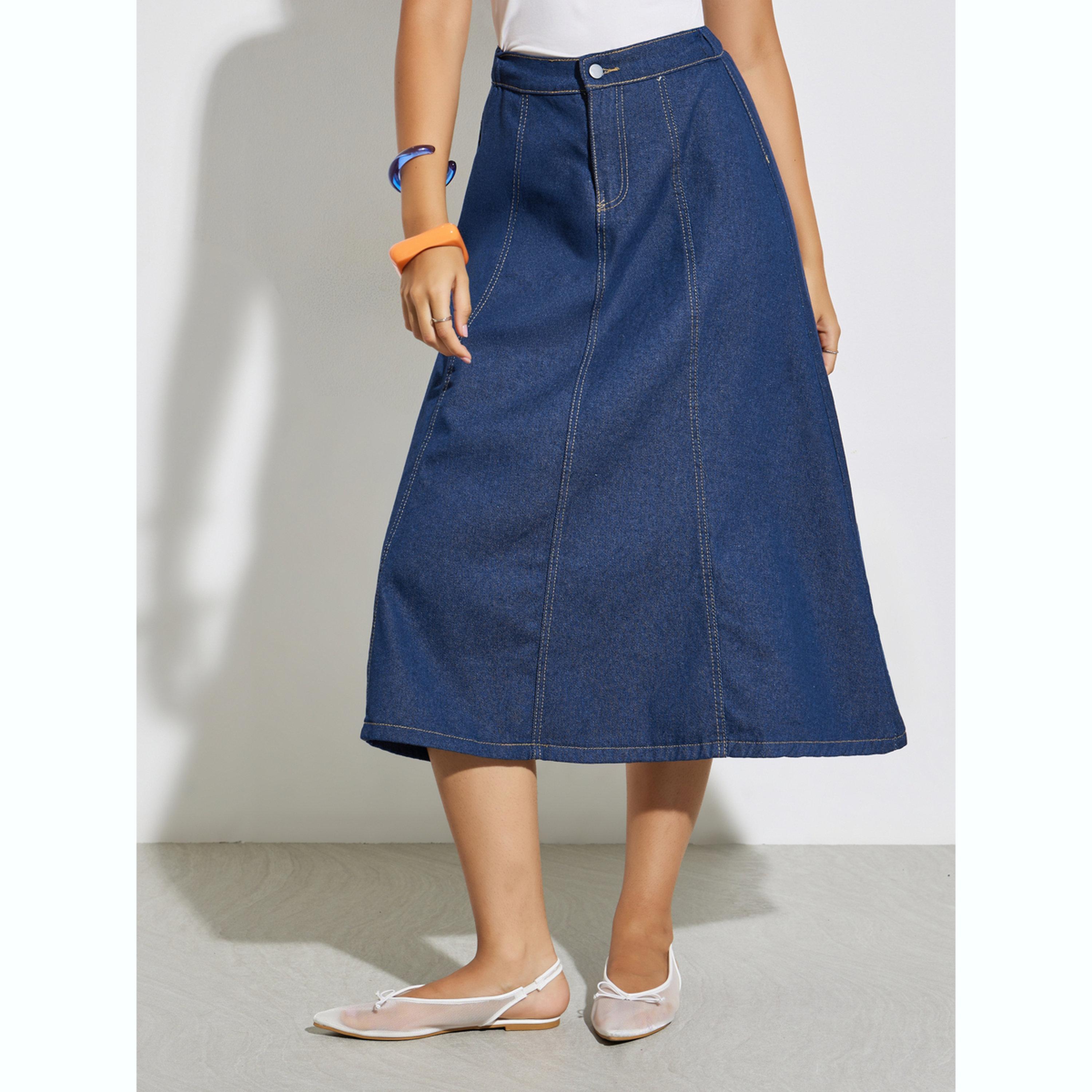 Styli Blue Solid A-Line Denim Midi Skirt-women-clothing-bottoms-skirts-image-1