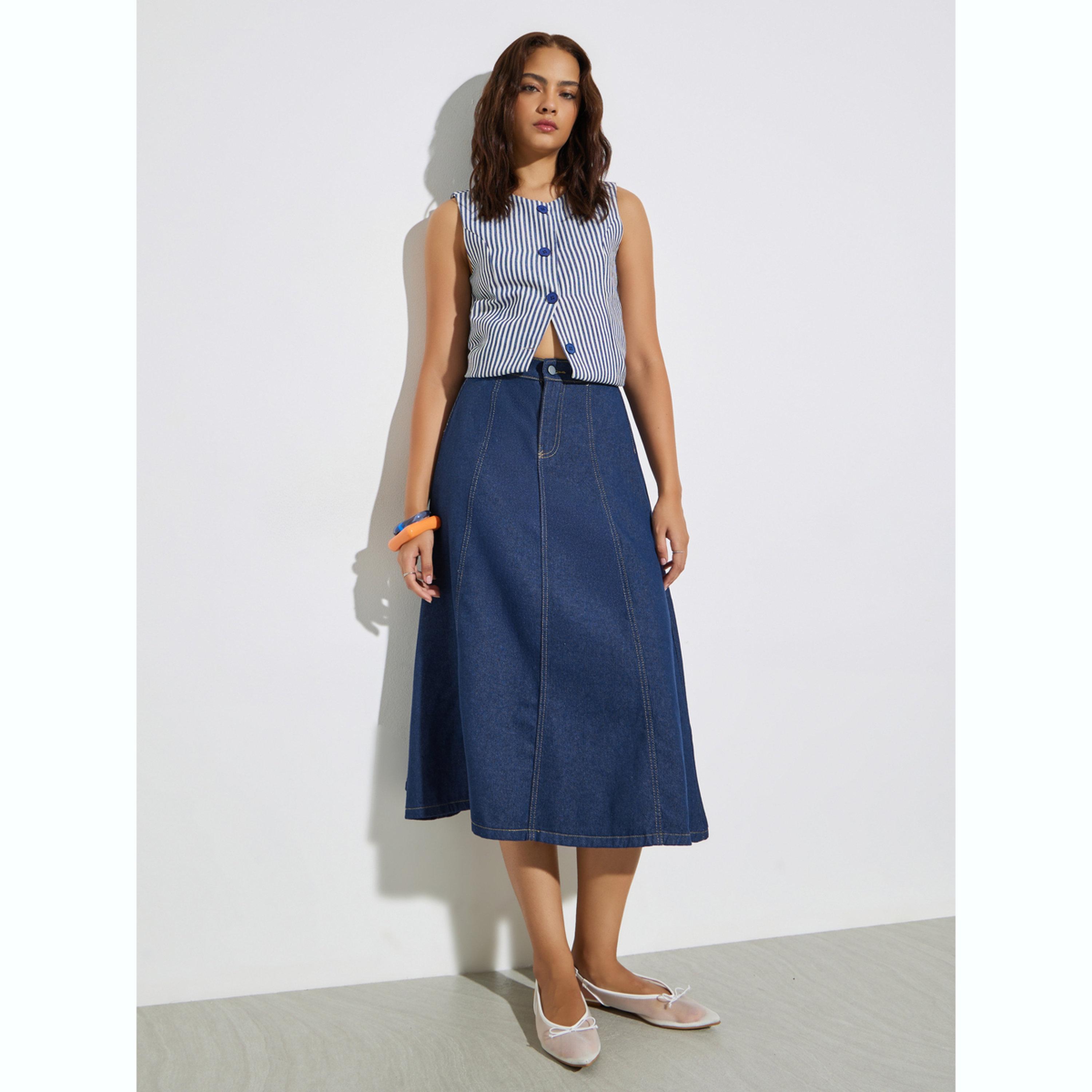 تنورة دنيم ميدي بحافة واسعة وسادة-women-clothing-bottoms-skirts-image-2