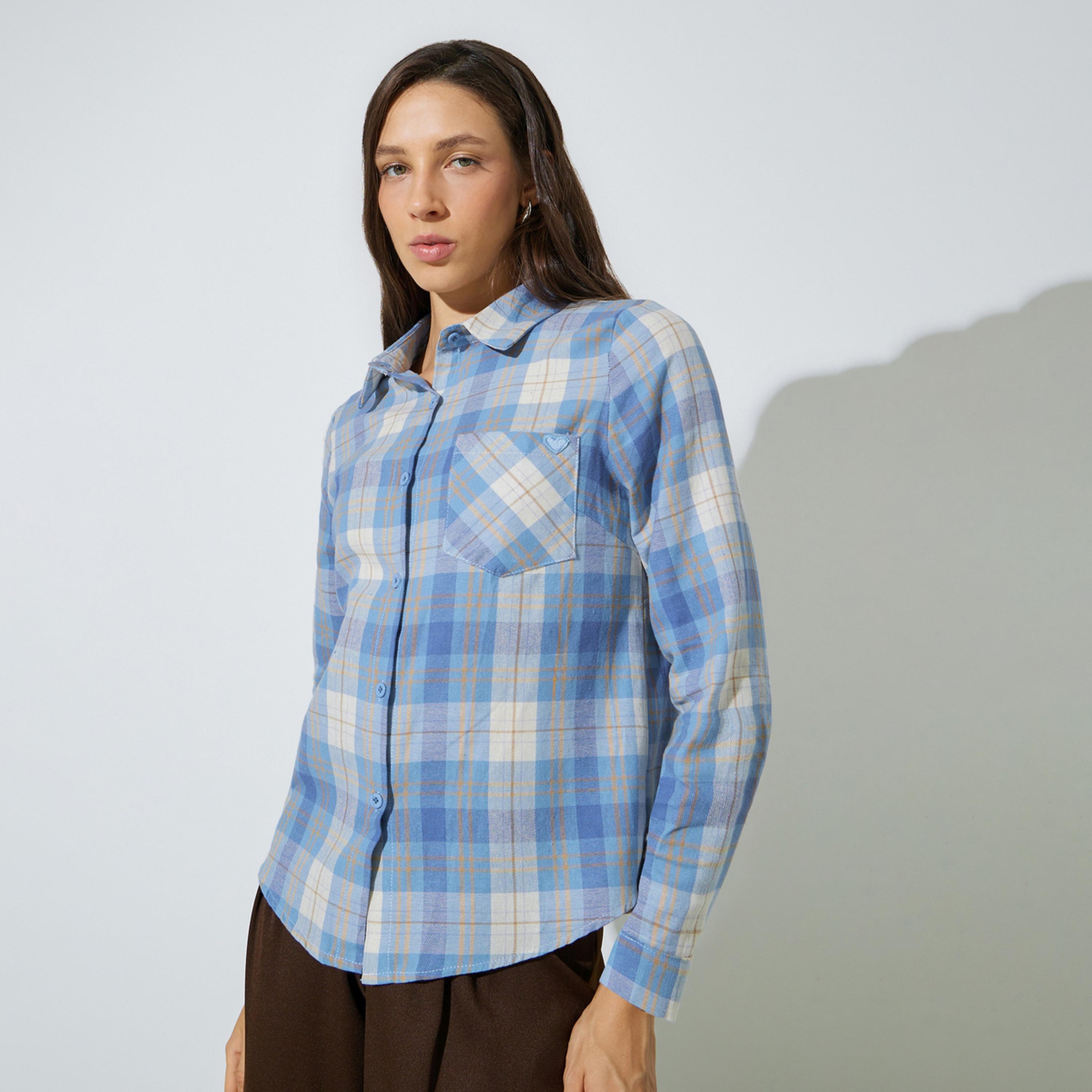 Styli Blue Plaid Long Sleeve Button-Up Shirt-women-clothing-shirtsandblouses-shirts-image-1