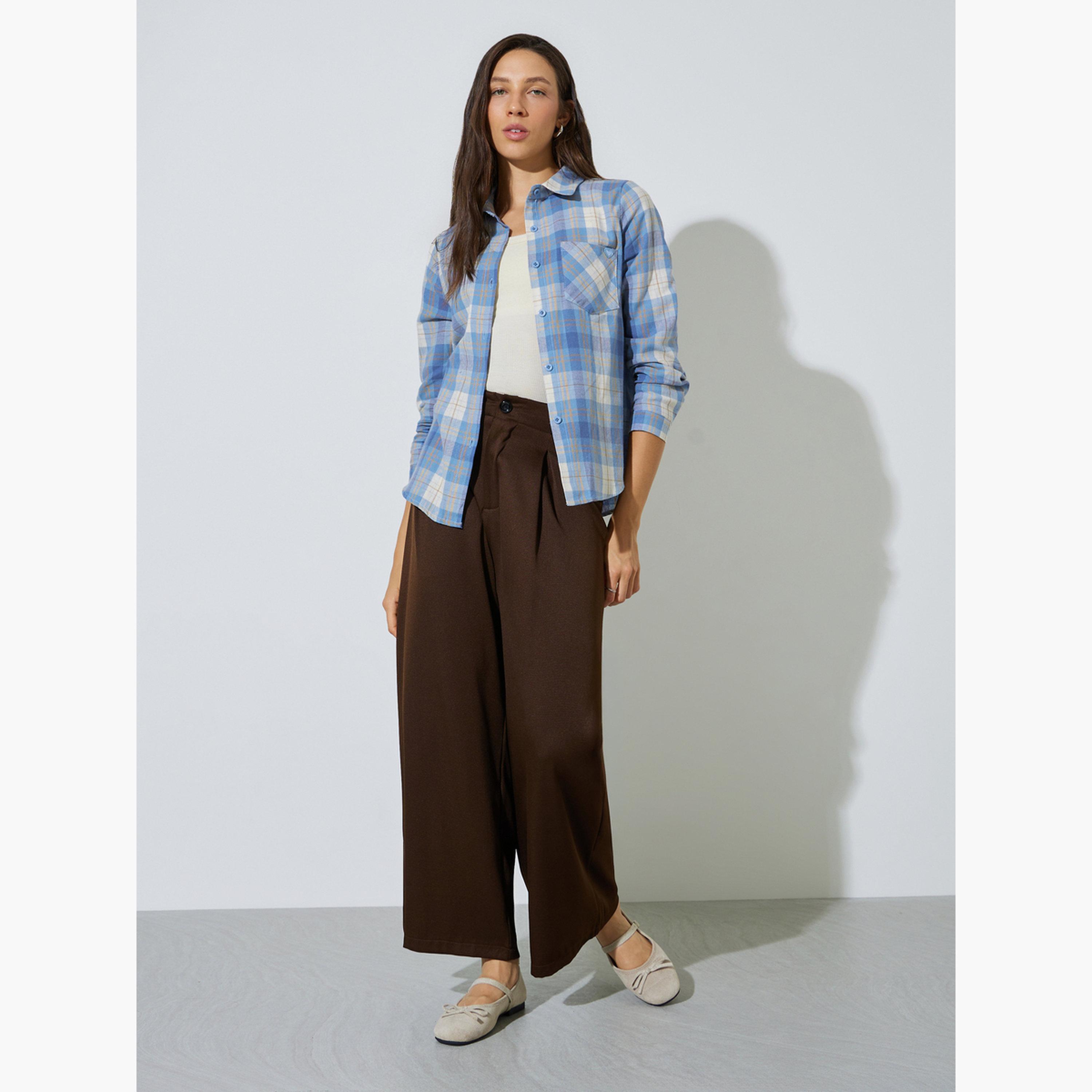 Styli Blue Plaid Long Sleeve Button-Up Shirt-women-clothing-shirtsandblouses-shirts-image-2