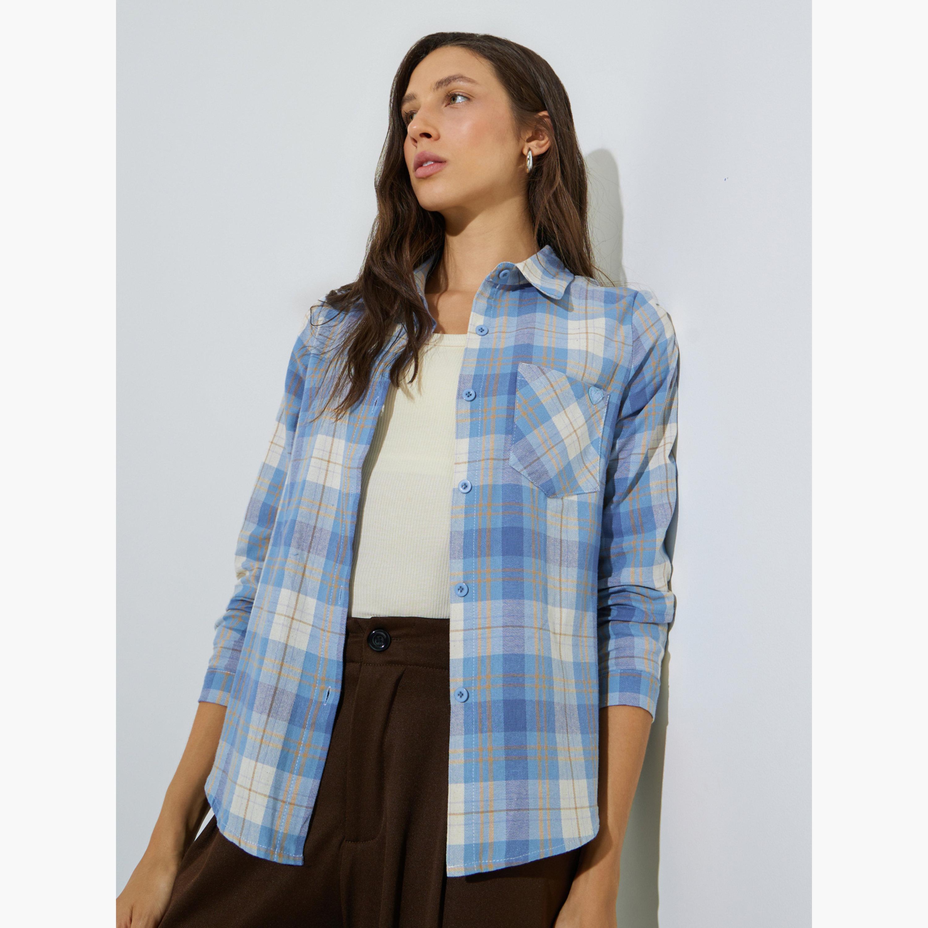 Styli Blue Plaid Long Sleeve Button-Up Shirt-women-clothing-shirtsandblouses-shirts-image-3