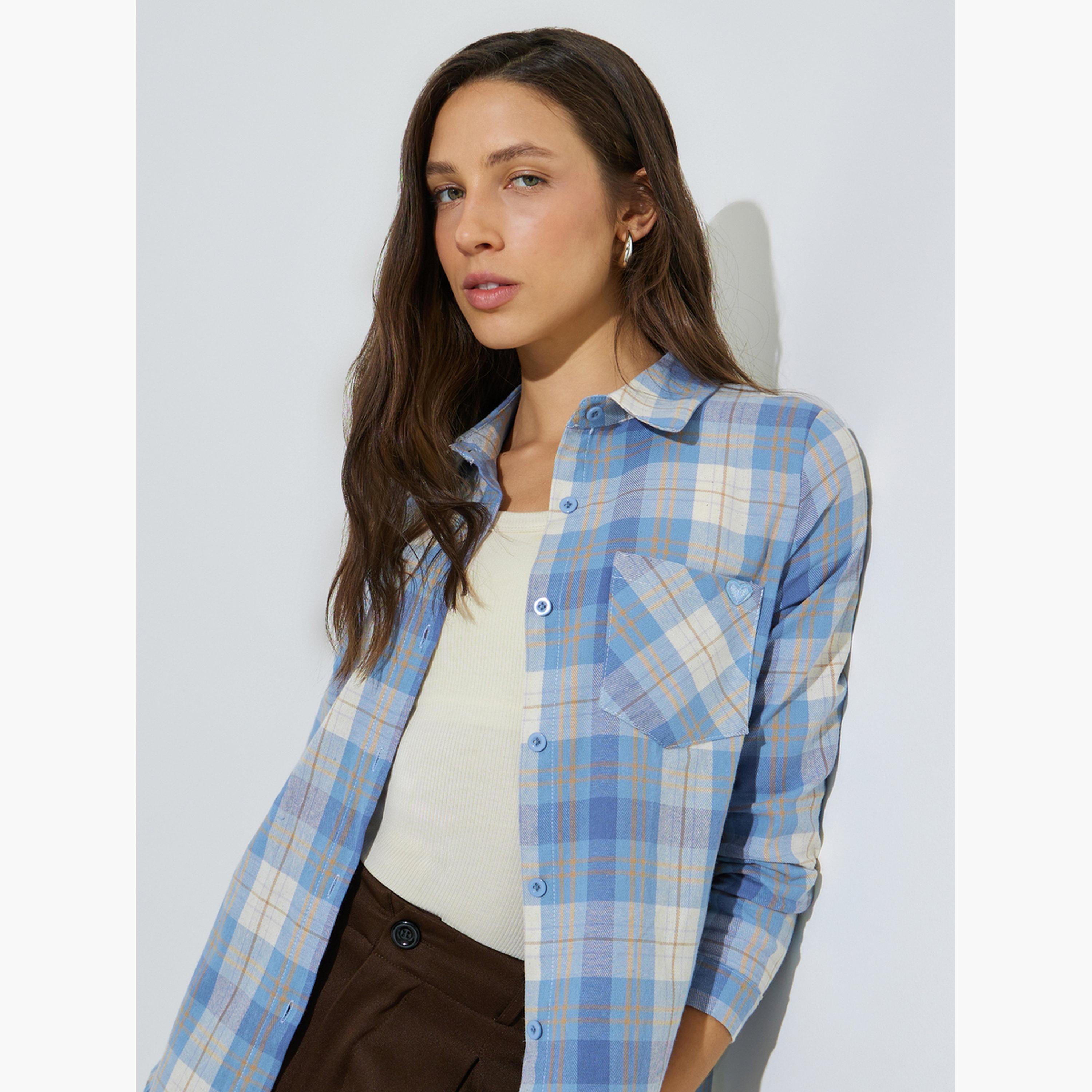 Styli Blue Plaid Long Sleeve Button-Up Shirt-women-clothing-shirtsandblouses-shirts-image-4