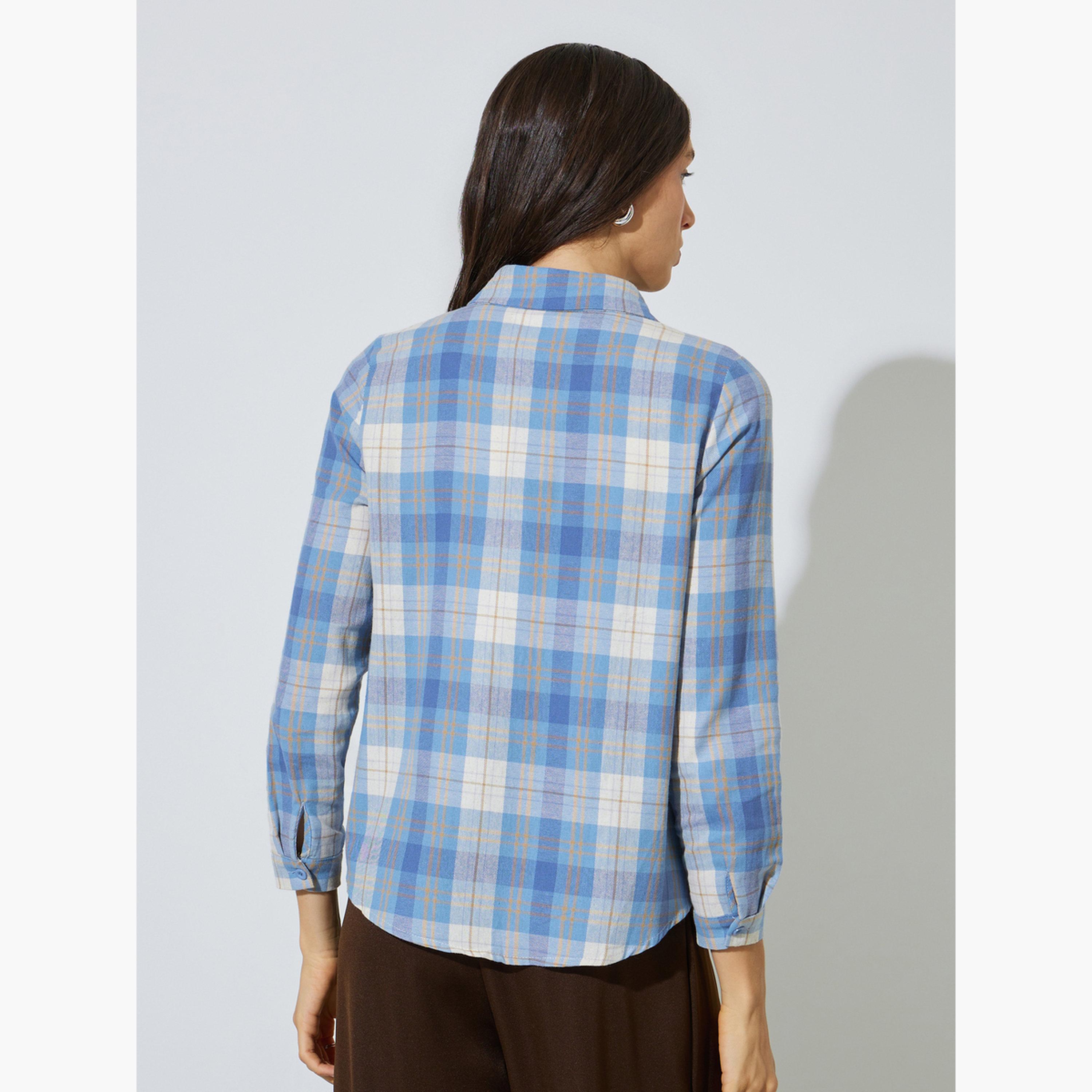 Styli Blue Plaid Long Sleeve Button-Up Shirt-women-clothing-shirtsandblouses-shirts-image-5