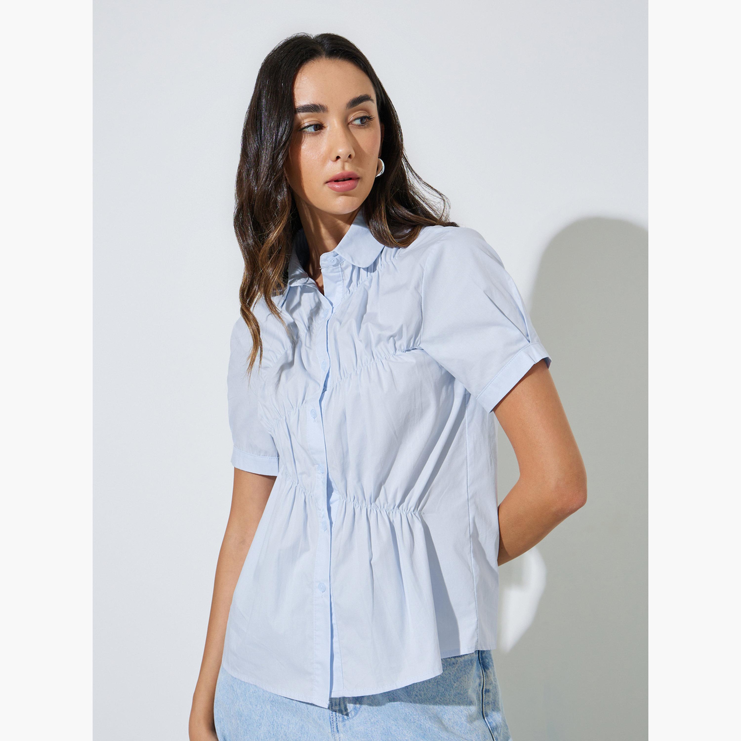 Styli Blue Ruched Short Sleeve Shirt-women-clothing-shirtsandblouses-shirts-image-1