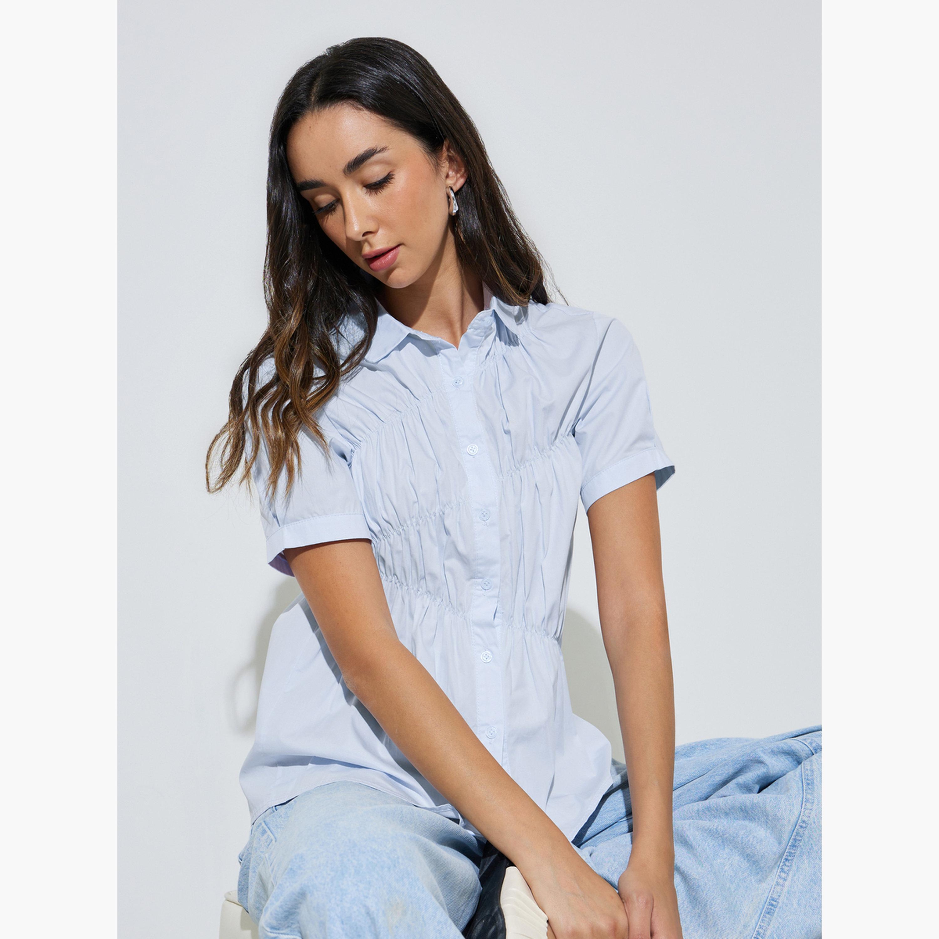 Styli Blue Ruched Short Sleeve Shirt-women-clothing-shirtsandblouses-shirts-image-3