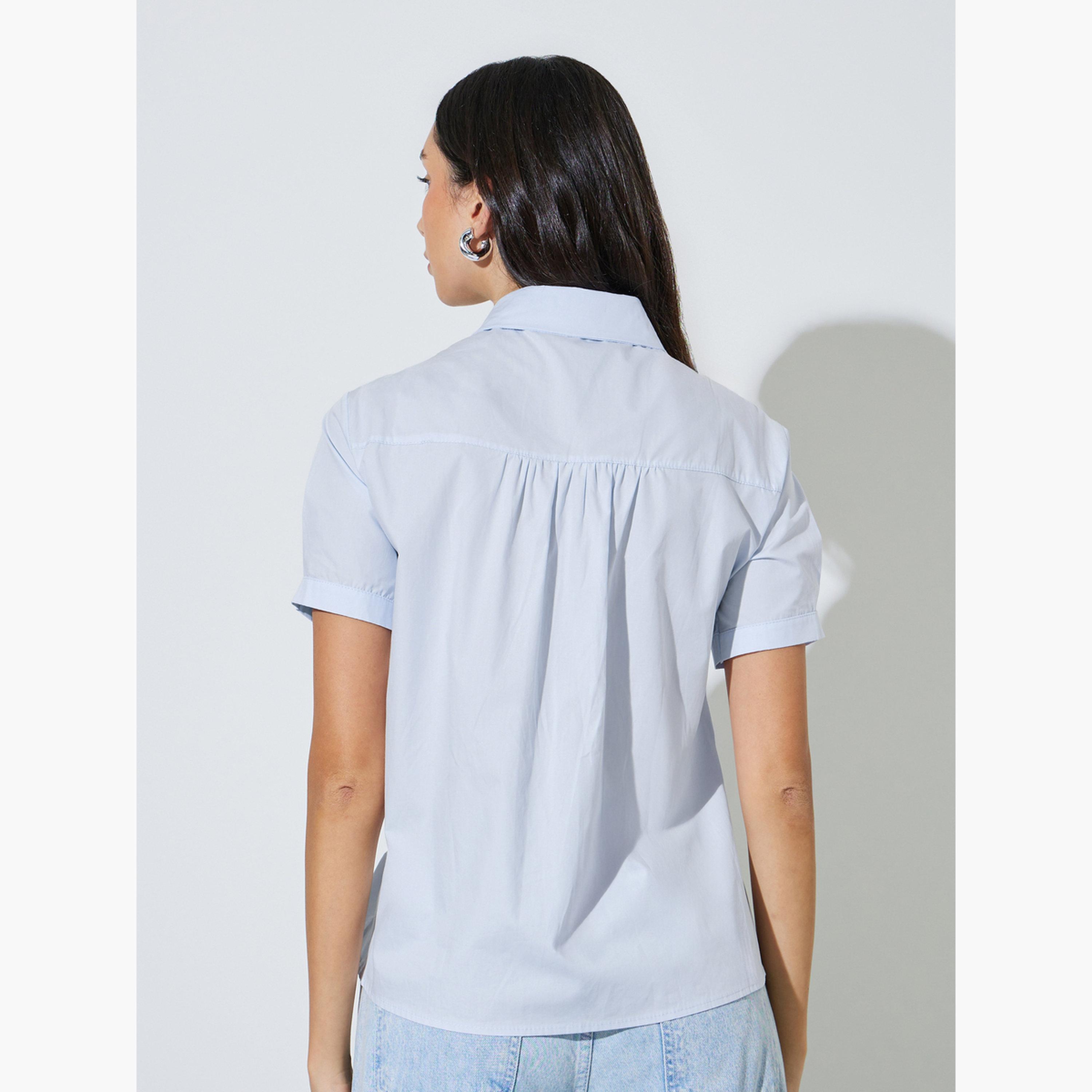Styli Blue Ruched Short Sleeve Shirt-women-clothing-shirtsandblouses-shirts-image-4