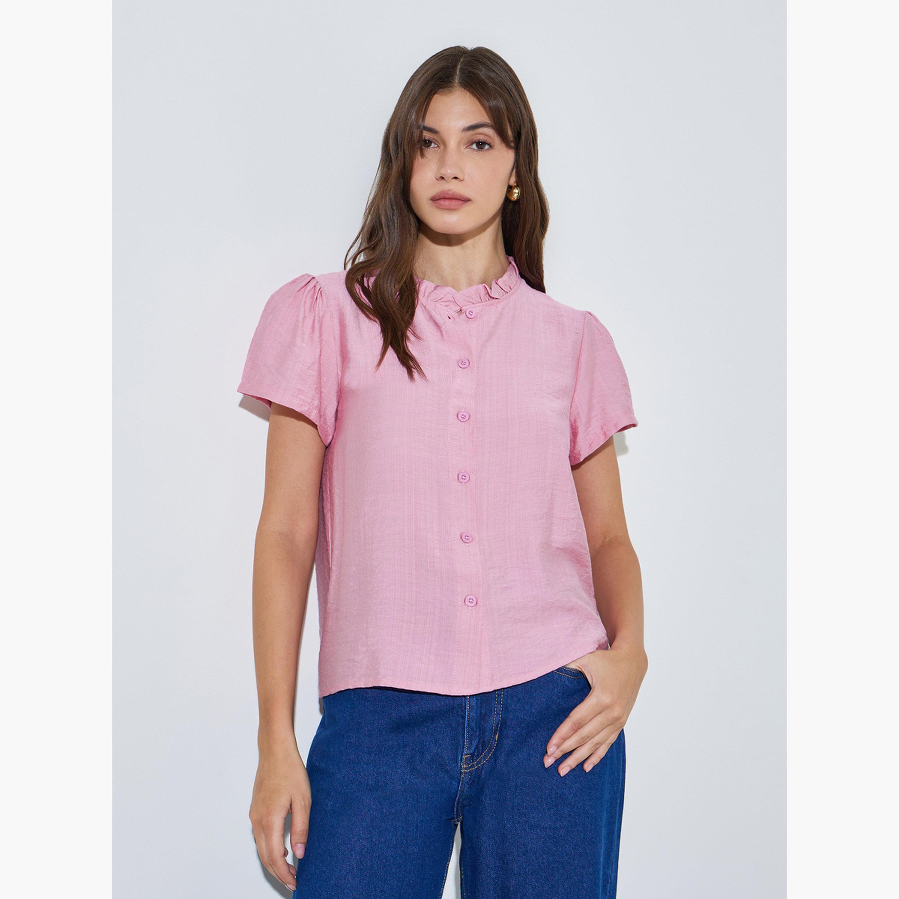 بلوزة سادة بأزرار أمامية وتفاصيل كشكش-women-clothing-shirtsandblouses-shirts-image-1