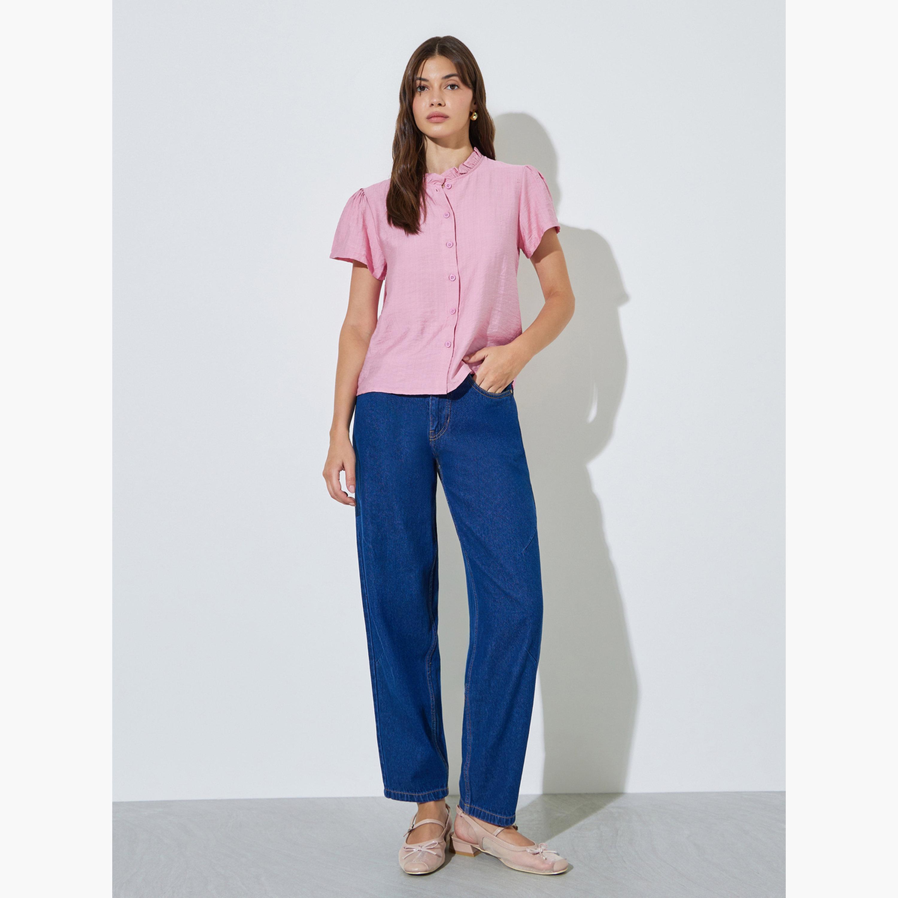 Styli Pink Solid Ruffle Trim Button Front Blouse-women-clothing-shirtsandblouses-shirts-image-2