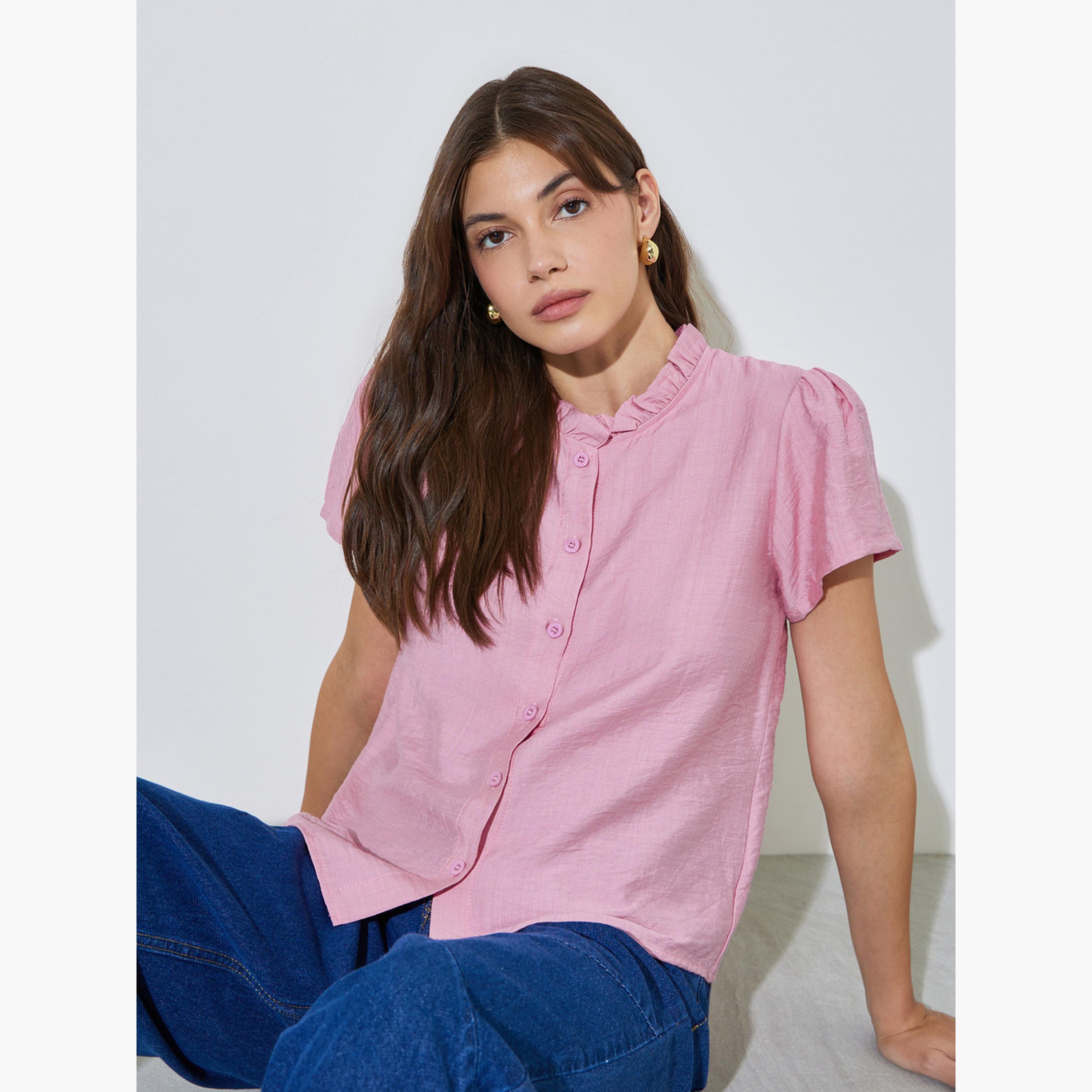 Styli Pink Solid Ruffle Trim Button Front Blouse-women-clothing-shirtsandblouses-shirts-image-3