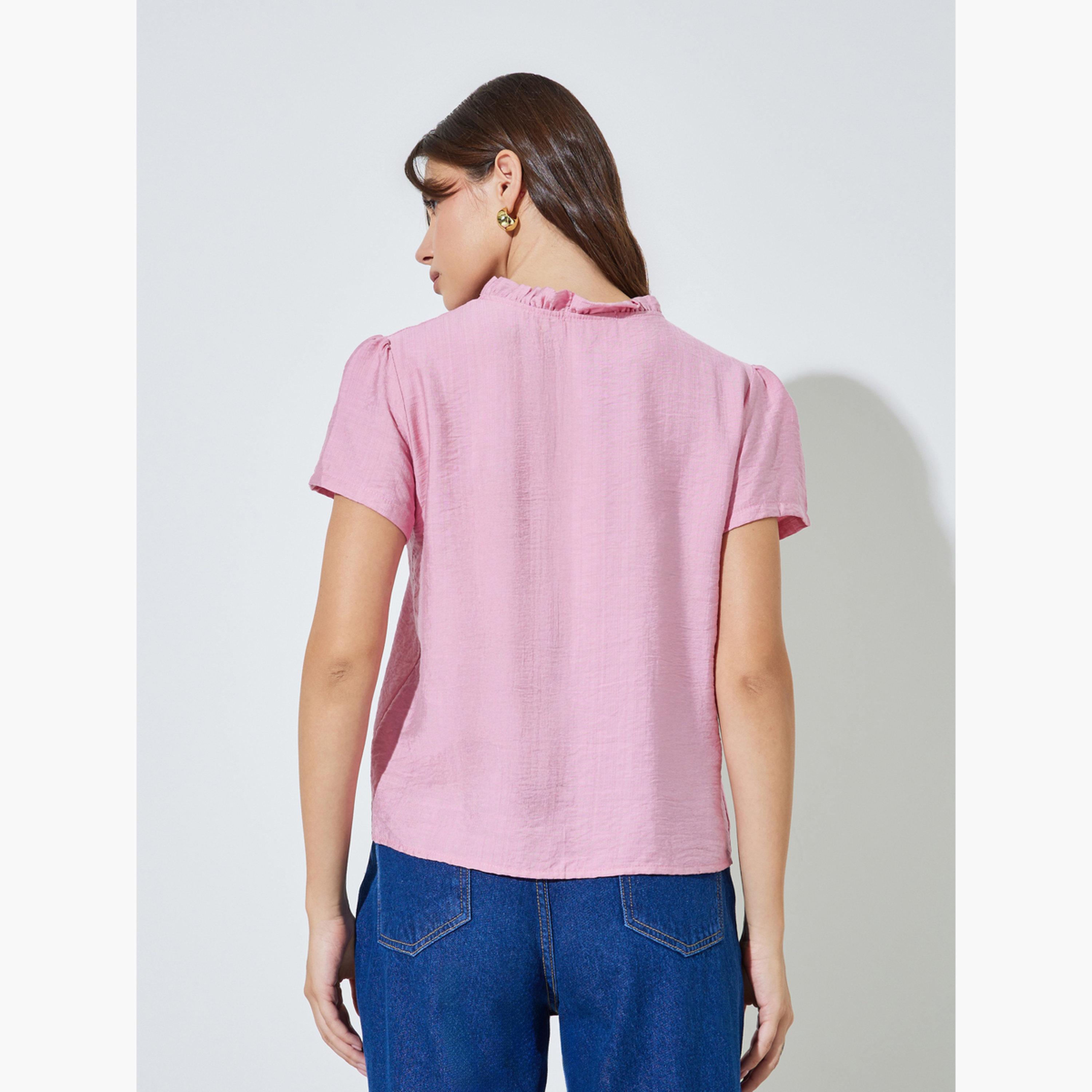 بلوزة سادة بأزرار أمامية وتفاصيل كشكش-women-clothing-shirtsandblouses-shirts-image-4